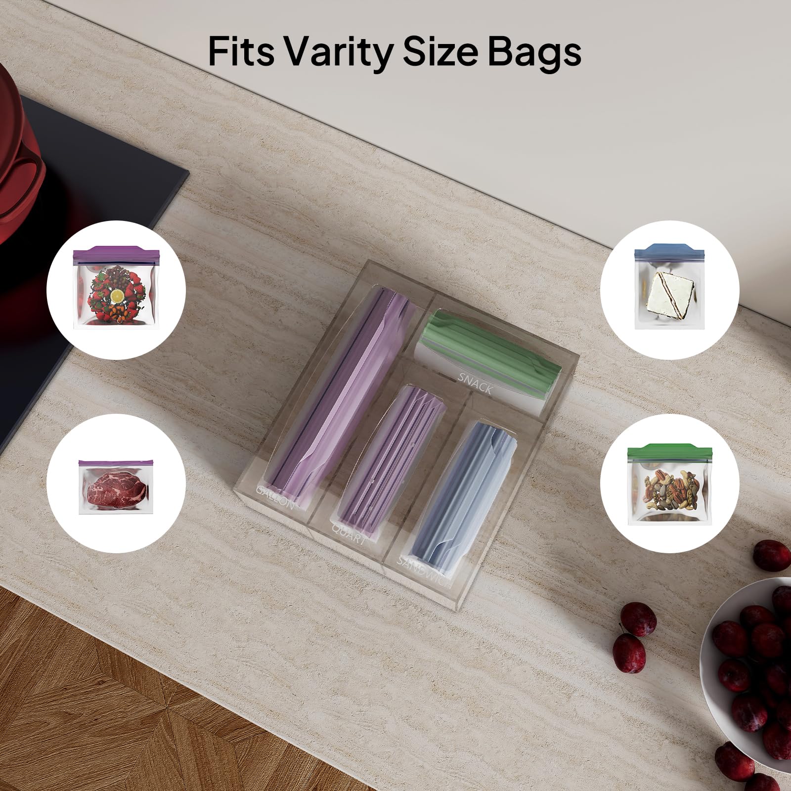 Aquiver Organizer per sacchetti in acrilico, organizer per cassetti e sacchetti in plastica per alimenti, compatibile con galloni, quarti, sandwich, snack, congelatore, sacchetti scorrevoli