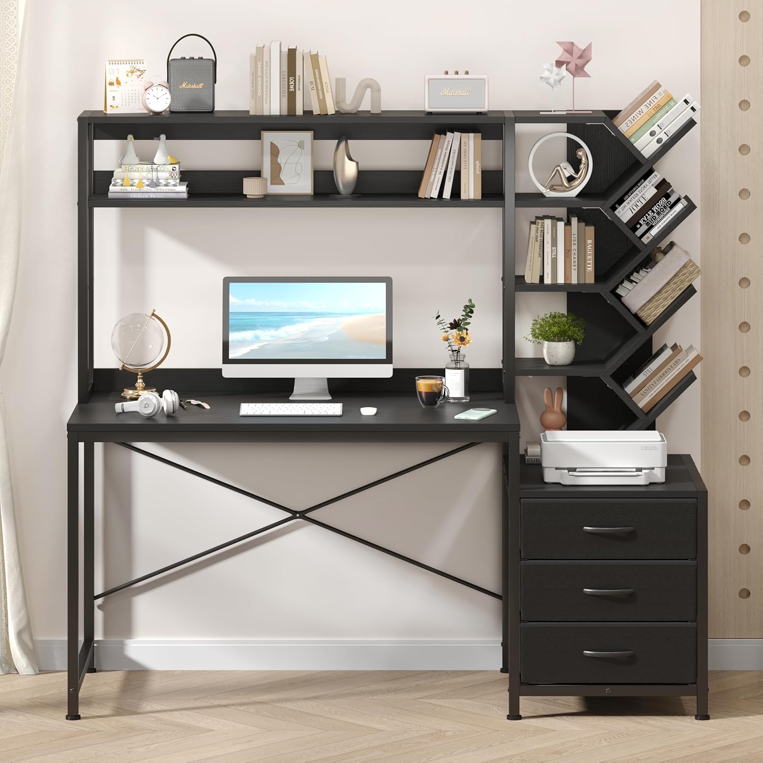 YOMILUVE 52 Inch Reversible Computer Desk with Hutch Storage
