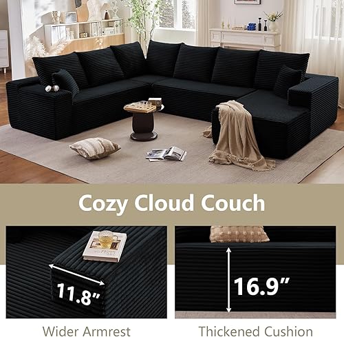Miniatura 7 de Sofá seccional en forma de nube con chaise en L, sofá modular moderno y cómodo con asiento profundo, sofás tapizados en corduroy de forma U Negro