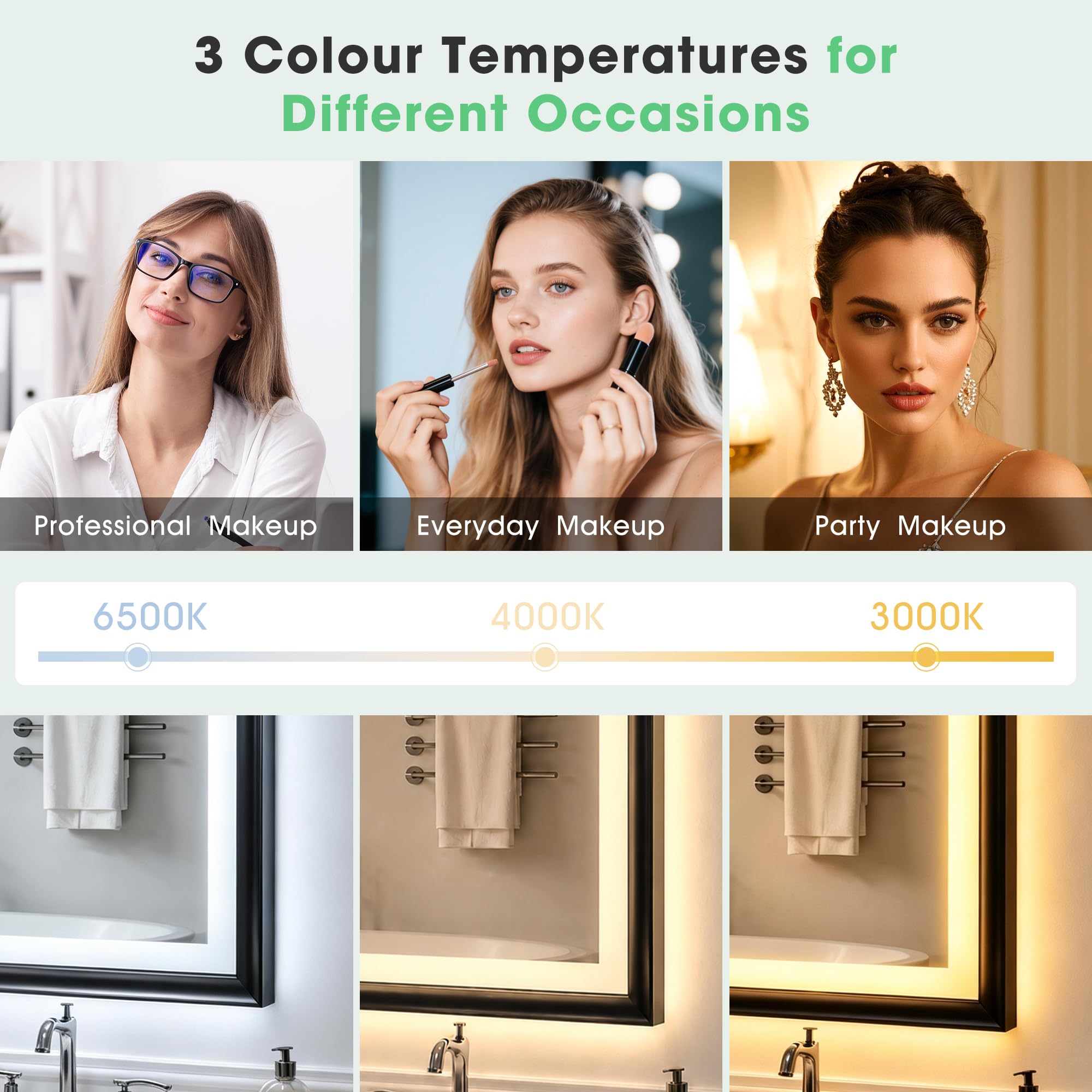 S'bagno Badspiegel mit Beleuchtung 70x50cm, Schwarzer Rahmen | LED Badezimmerspiegel mit Anti-Beschlag, 3 Farben, Dimmbar, Memory, ESG-Glas, CRI>90, IP44, Horizontal/Vertikal