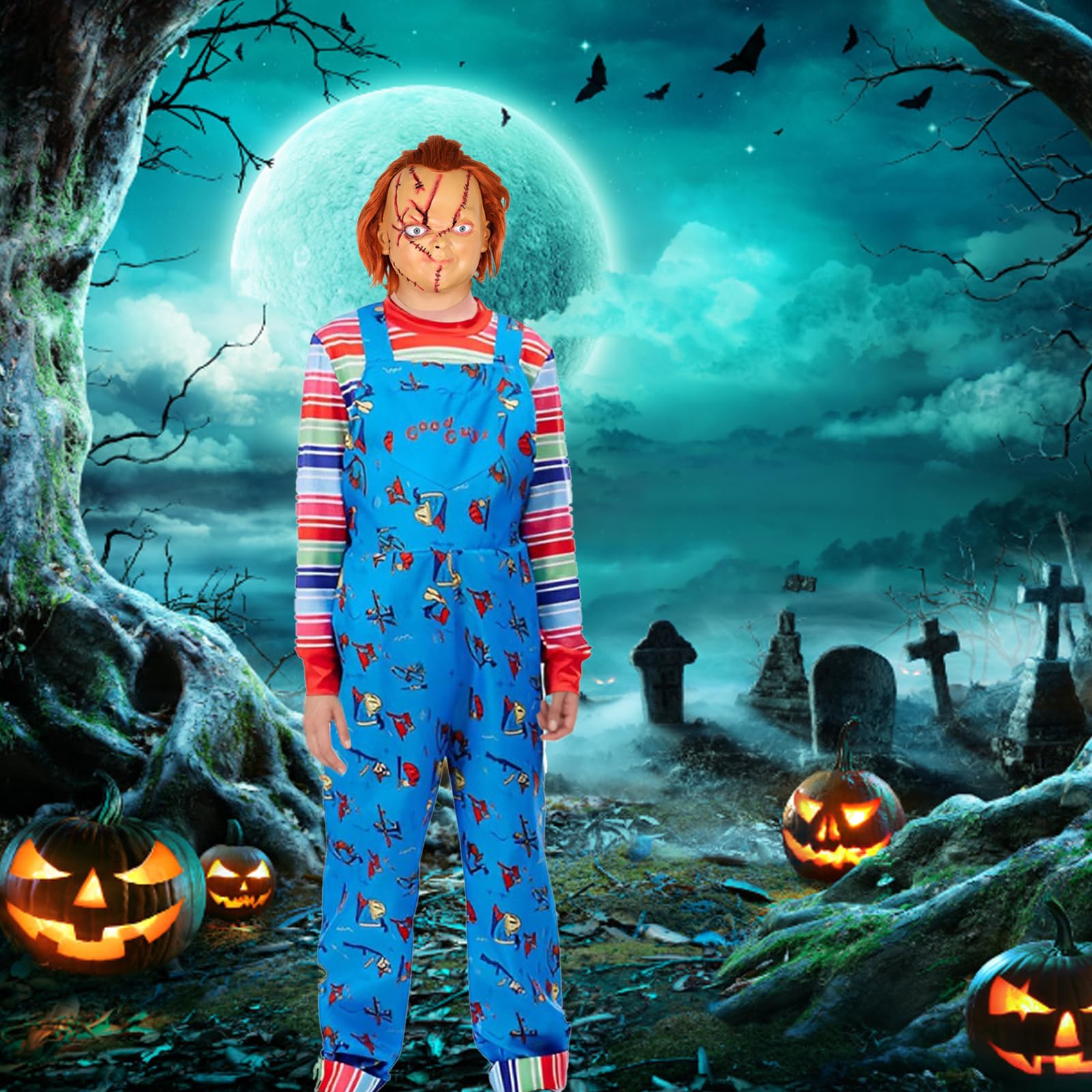 Chucky Costume per bambini, tuta Chucky con coltello adesivo per Halloween, Carnevale, Horror Killer, cosplay, ragazzi e ragazze