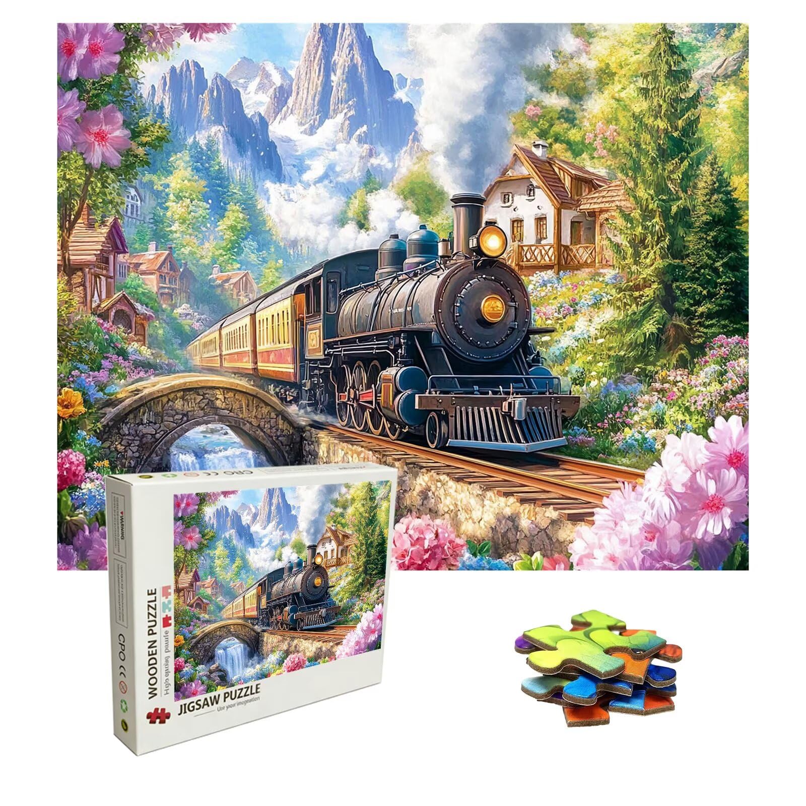 Puzzle z pociągiem, 1500 elementów, trudne puzzle, drewniane puzzle dla całej rodziny, zestaw "zrób to sam", dla dorosłych, nadają się jako dekoracja ścienna i prezenty dla kobiet, temat: krajobraz 8p
