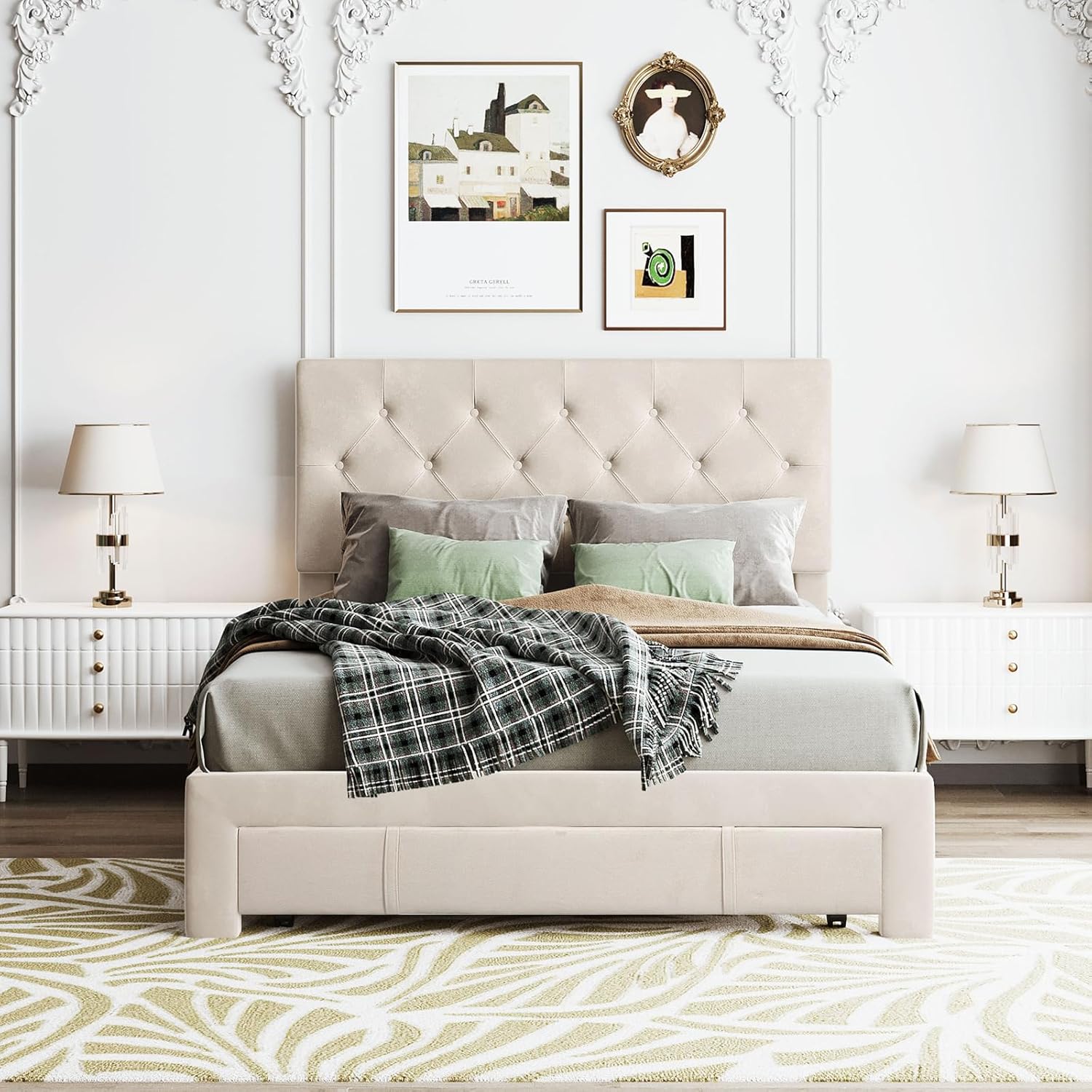 Full Size Bed Frame Linen Upholstered Platform Bed with 2