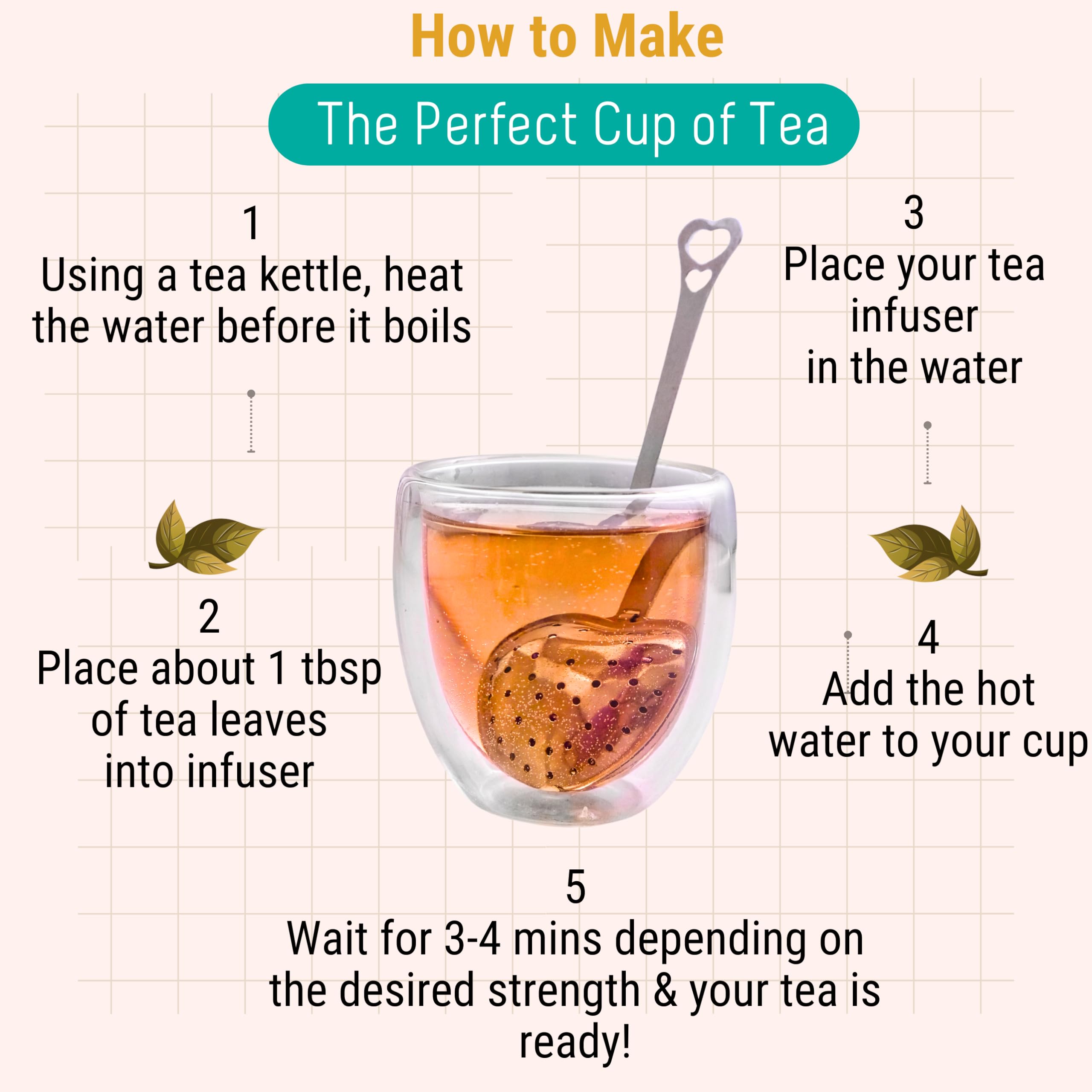 OH CHA - Tea Infuser, Stainless Steel - Heart Shaped | Tea Strainer for Everyday Use, Loose Leaf Tea | BPA Free, Durable | Used as Green Tea Infuser | Tea Filter, Tea Maker | 14cms 2