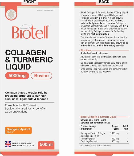Collagen Turmeric Liquid 5000mg - 500ml | Hydrolysed Bovine Collagen Peptides for Joints, Skin, Hair and Nails | Halal Certified, Fish-Free Supplement with Curcumin for Women and Men