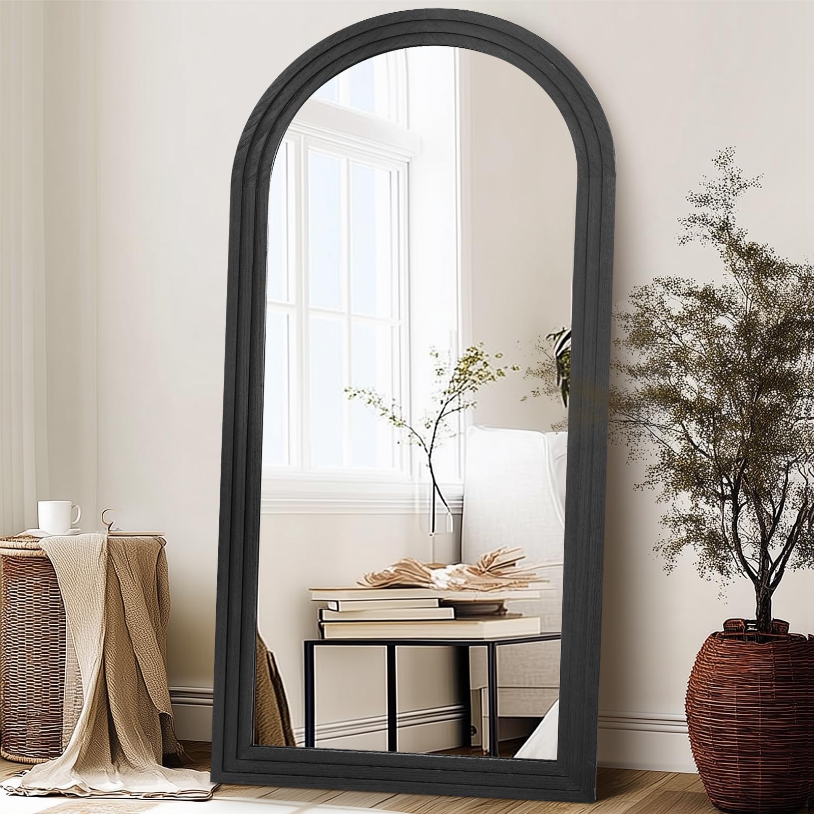 71x32 Arched Full Length Mirror, Solid Wood 3 Layer Frame, Black
