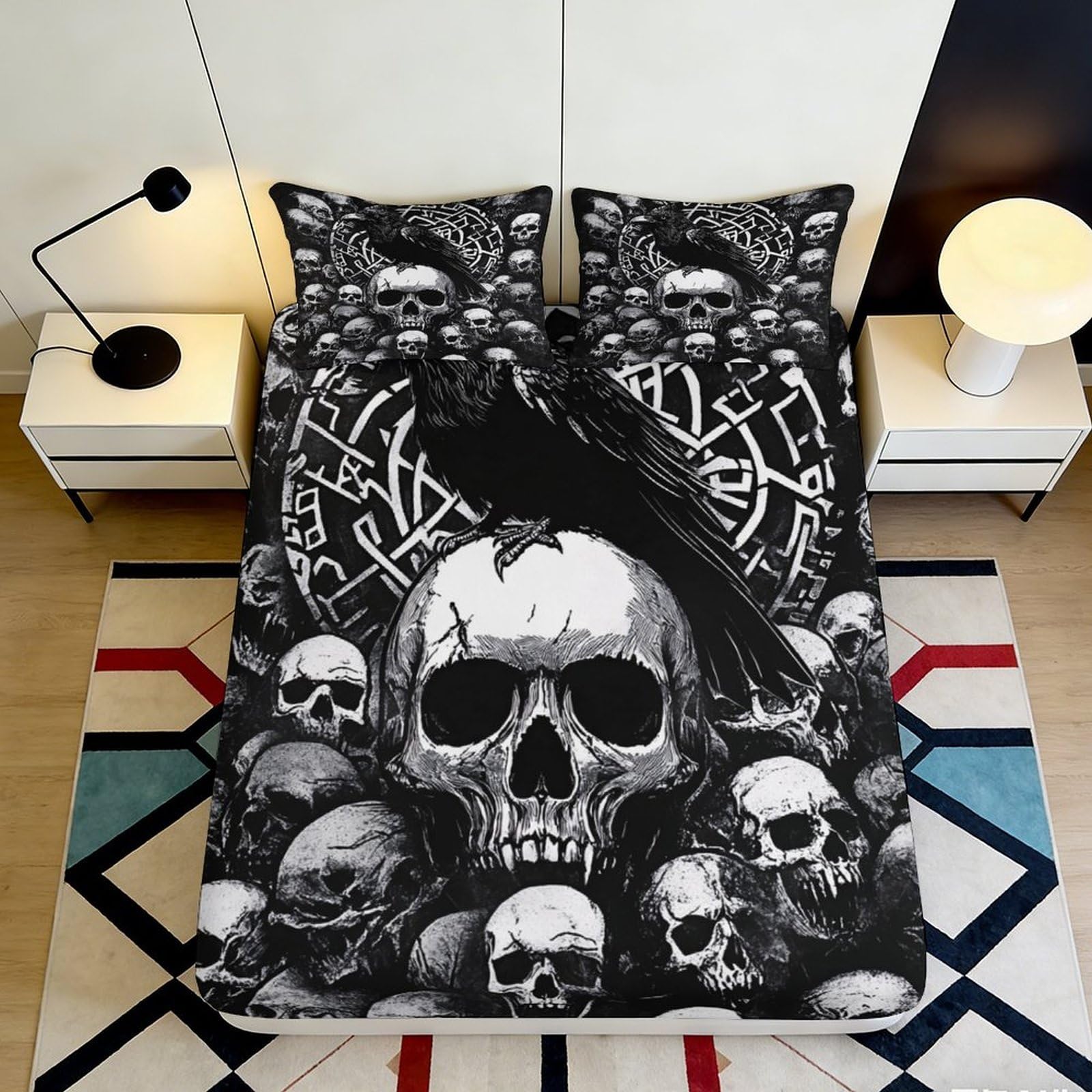 3D Printed Gothic Skull Raven Fitted Sheet Microfiber Soft Breathable Dark Pattern Bed Cover for Bedroom Dormitory Guest Room Mattress Protection 160x200x25cm