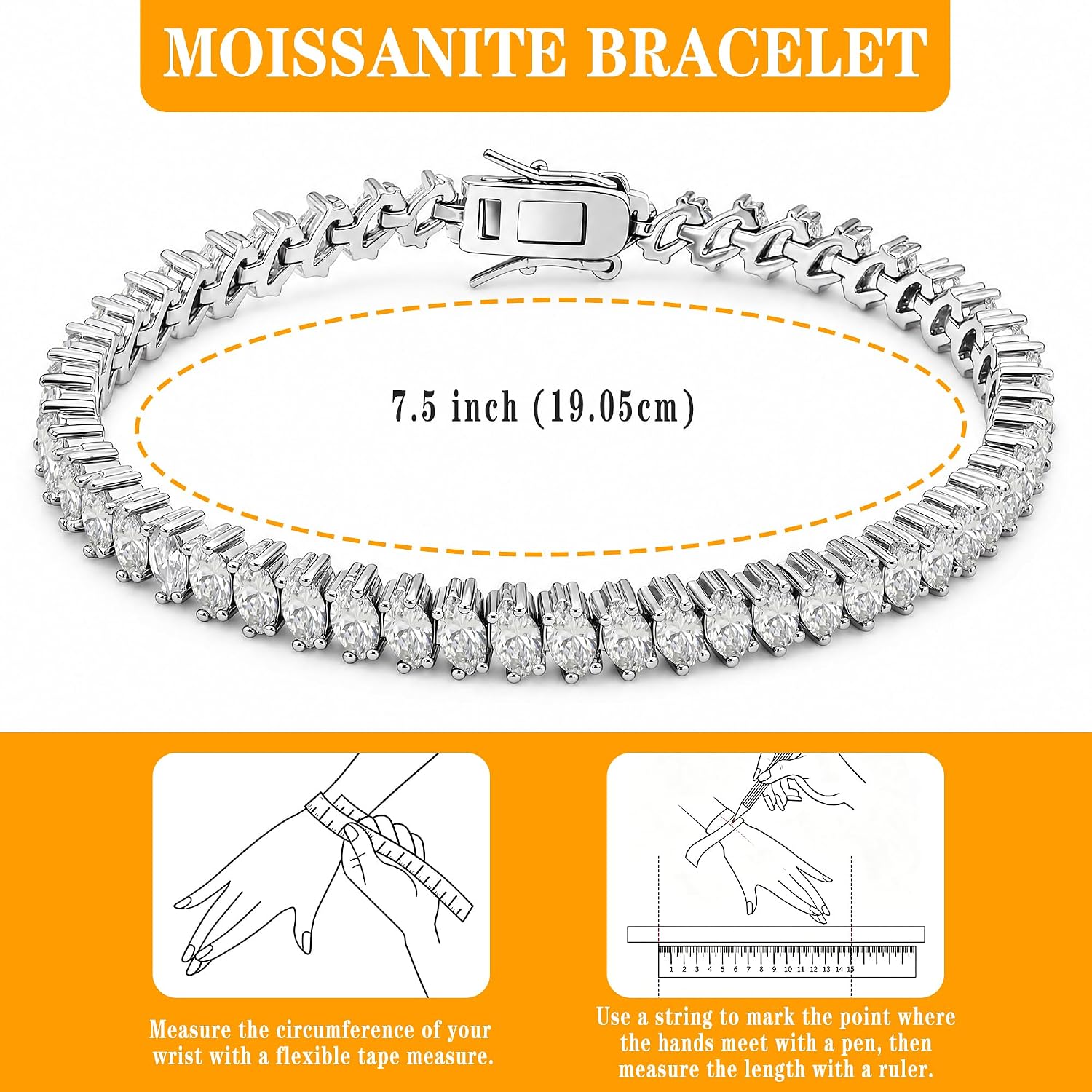 Moissanite Tennis Bracelet For Women, 7/7.5Ins Women's Tennis Bracelets,Marquise Cut D-Color VVS1 Platinum Plated Silver Bracelet,Hypoallergenic Bezel , Ice Crystal Sparkling,Exquisite Jewelry,with Gift Box,Ideal Gift for Wife/Her