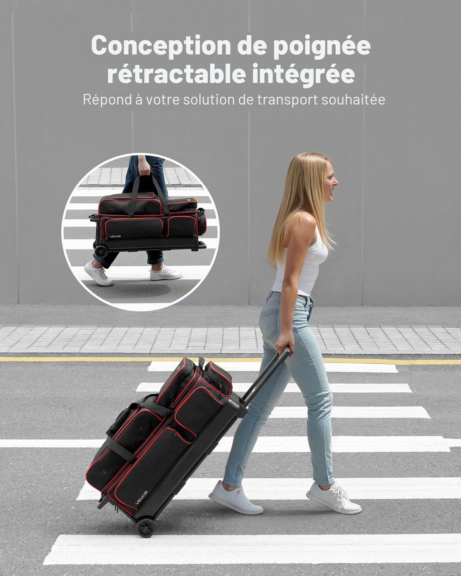 VEVOR Sac de Bowling à roulettes, Valise de Transport pour Bowling Capacité 3 Boules, avec Compartiment pour Chaussures, Poche pour Accessoires Surdimensionnée et Poignée Rétractable Extensible