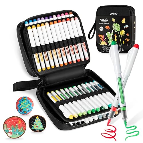 Ohuhu Acrylic Paint Markers Direct Liquid: 48 Pack Flexible Brush Tip Acrylic Markers High Opacity Paint Pens Waterproof Lightfast for Rock Painting Easter Eggs Wood Glass Ceramic Canvas - Nahuku - 48 Pack