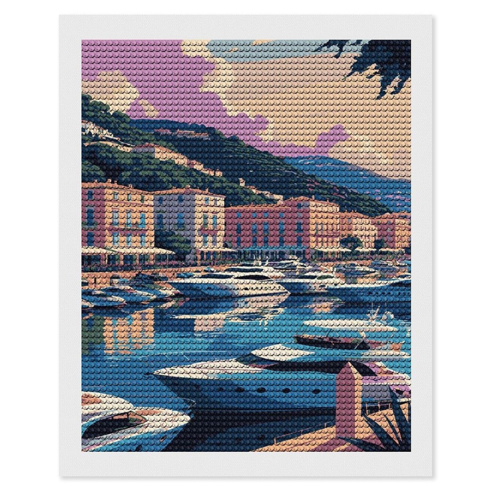 Junmoney Coastal Cityscape with Yachts and Buildings Diamond Art Kit 16"x20", Modern Decor, Farmhouse Decor, Home Wall Art, Festive Craft Gift, Handmade Wall Decor