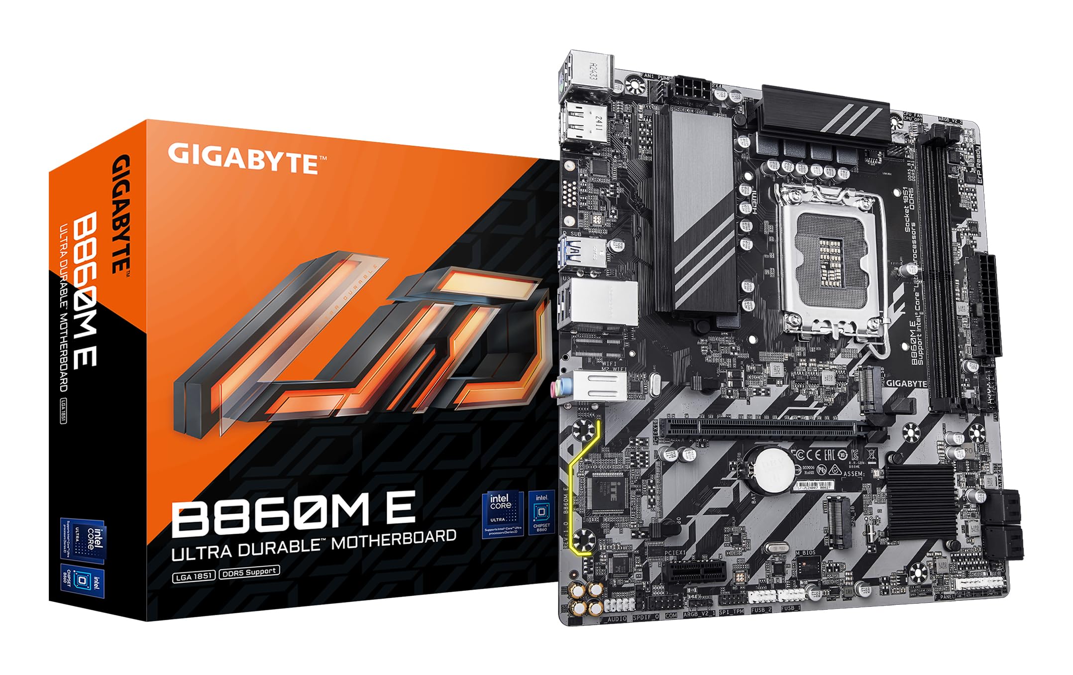 GIGABYTE Płyta główna B860M E - Procesory z serii Intel Core Ultra, 4+1+2 fazy VRM, do 8800 MHz DDR5 (O.C), 2xPCIe 4.0 M.2, 1 GbE LAN, USB 3.2 Gen 1