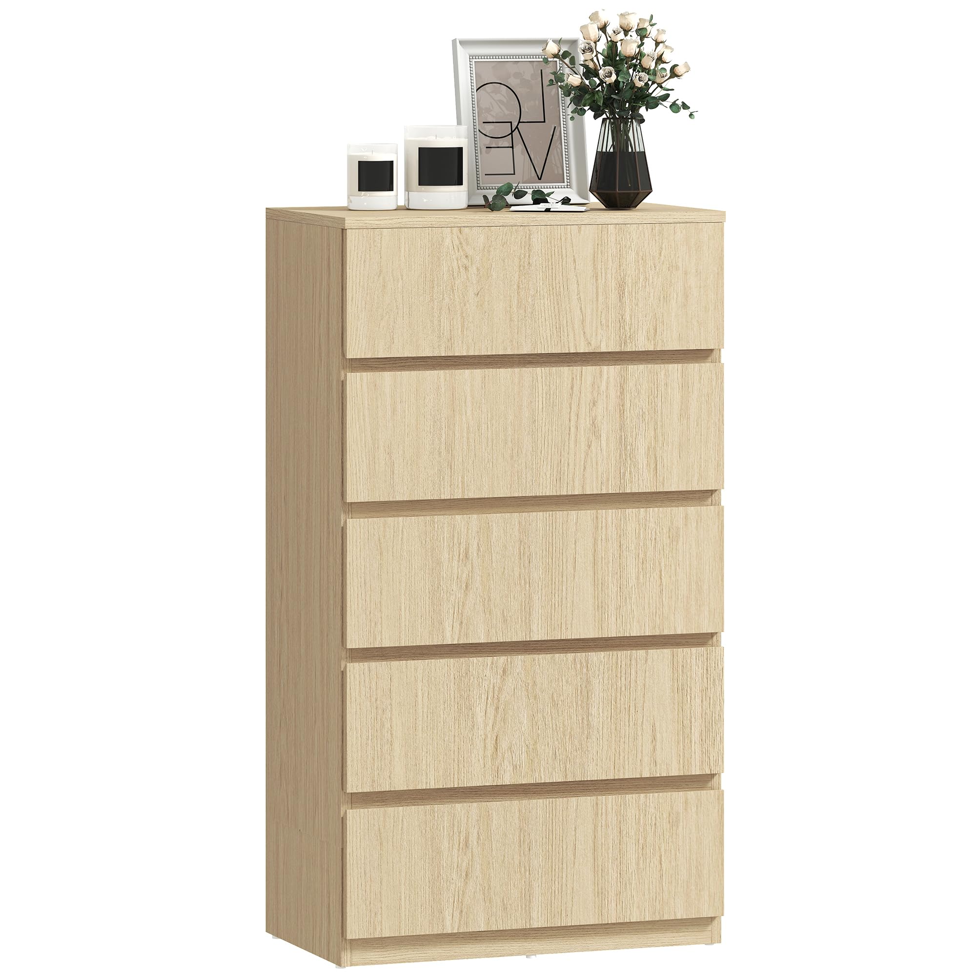 HOMCOM Chest of Drawers, 5 Drawers Storage Cabinet Floor Tower Cupboard for Bedroom Living Room, Natural Wood