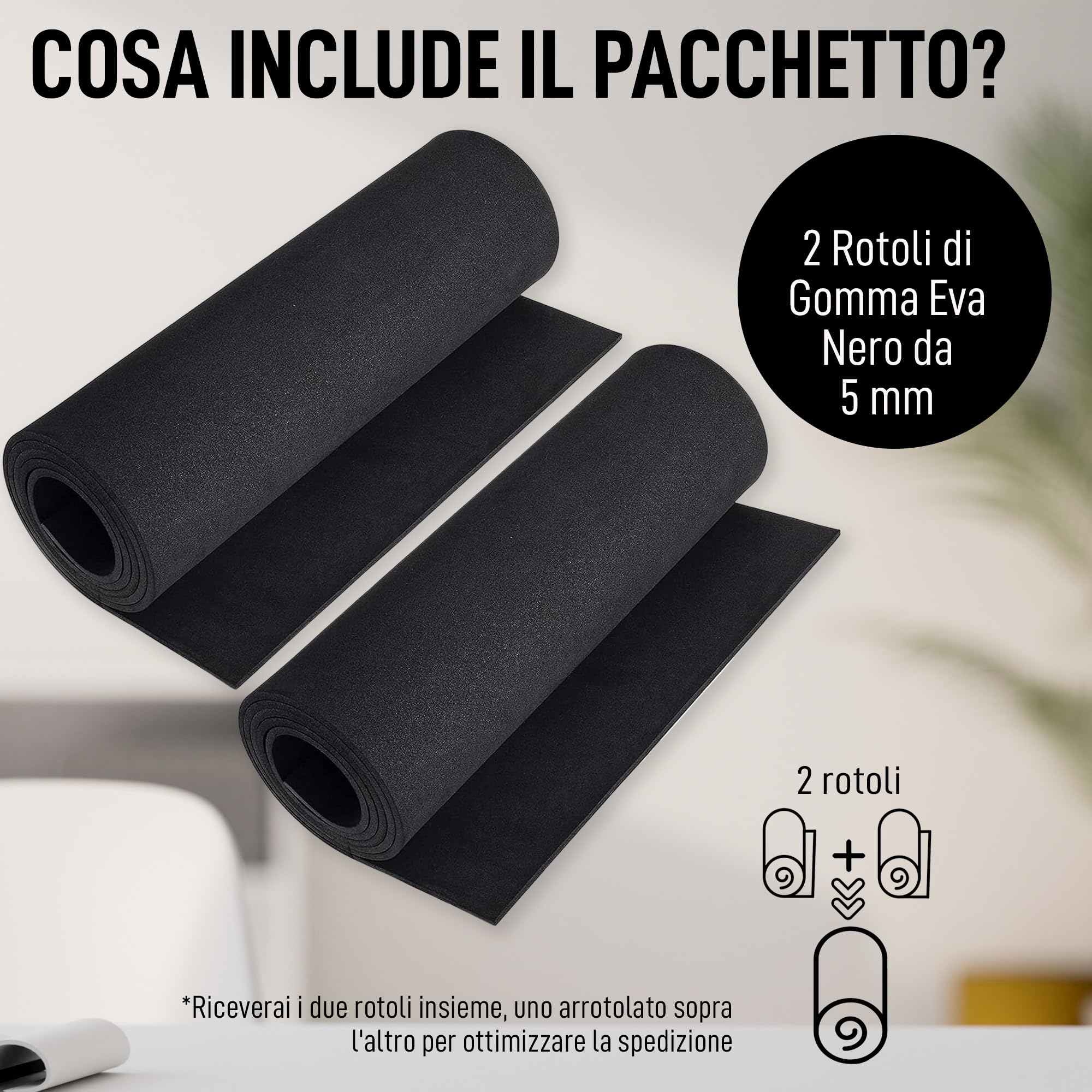 Pacco 2 Rotoli di Gomma Eva Nera 5mm di Spessore | Dimensioni fogli 150cm x 32cm, Densità 80 kg/m3 | EVA foam Nero per Creazioni DIY, Foam Cosplay, Halloween | Adatto Bambini e Bambine