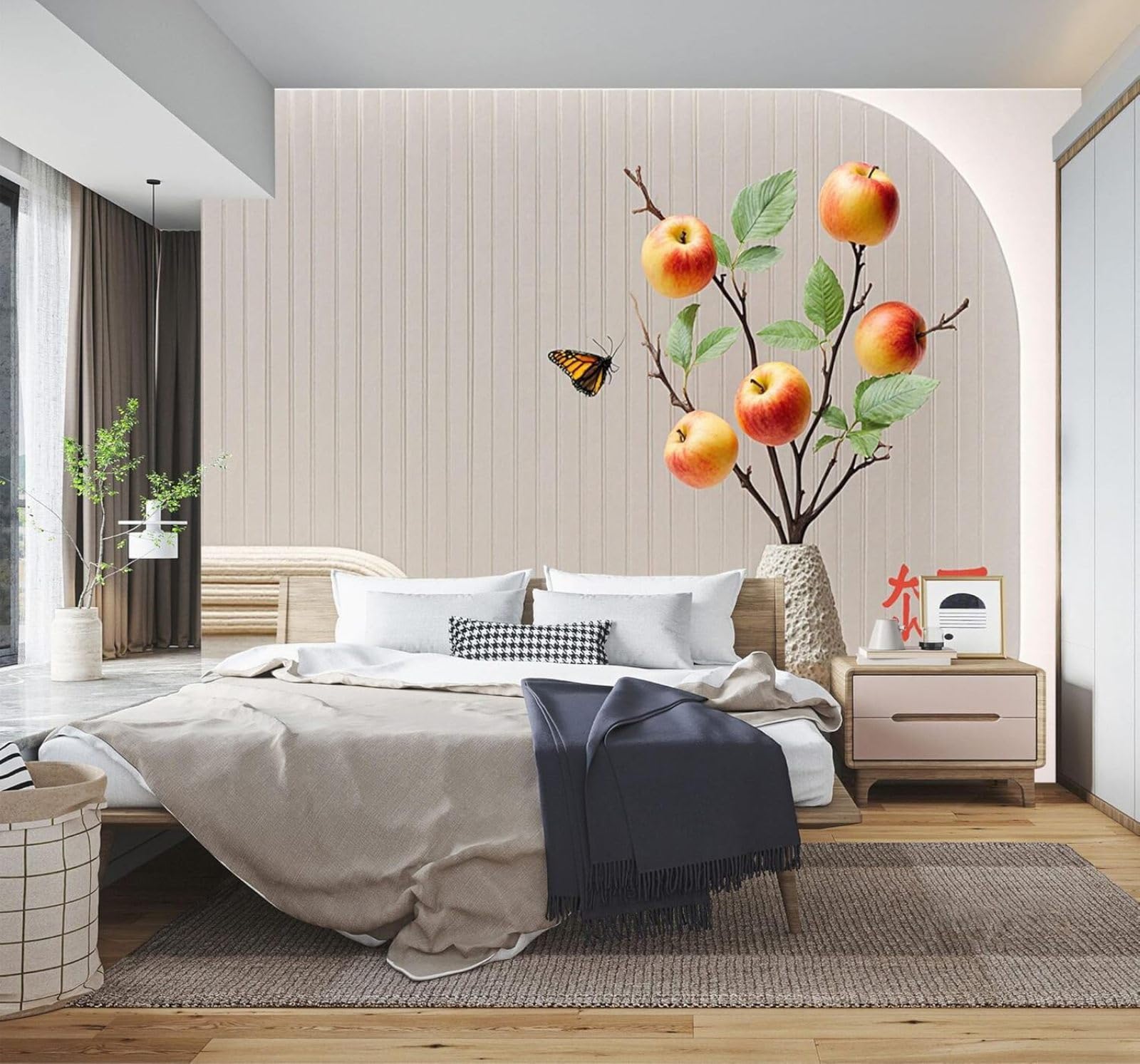 3D Papel Pintado Minimalista Mariposas Jarrón Ramas Naturaleza Arte