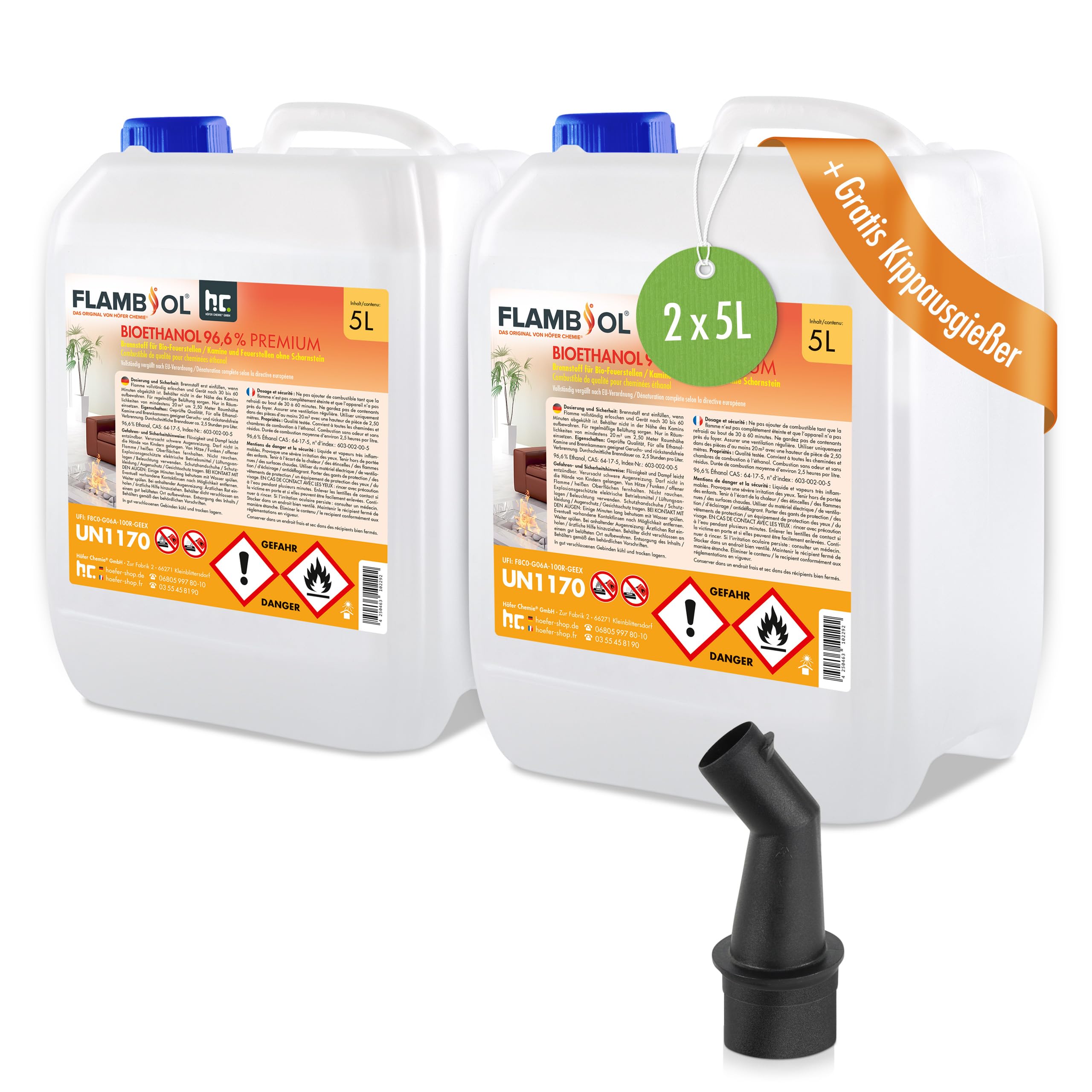 Höfer Chemie 2 x 5 L (10 Liter) FLAMBIOL® Bioethanol 96,6% Premium für Ethanol Kamin, Ethanol Feuerstelle, Ethanol Tischfeuer und Bioethanol Kamin