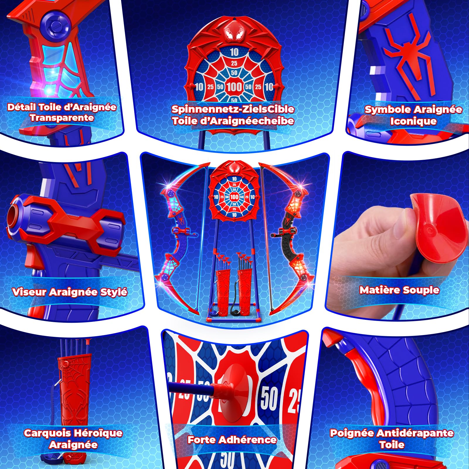 Kidluna Lot de 2 ArcFlèche avec LED Rouge Bleu, Cible Araignée sur Pied & Carquois Araignée Jouet Cadeau Garçon 3 4 5 6 7 8 9 10 11 12 Ans, Jouet Jeux Cadeau Enfant 3-12 Ans Garçon Fille