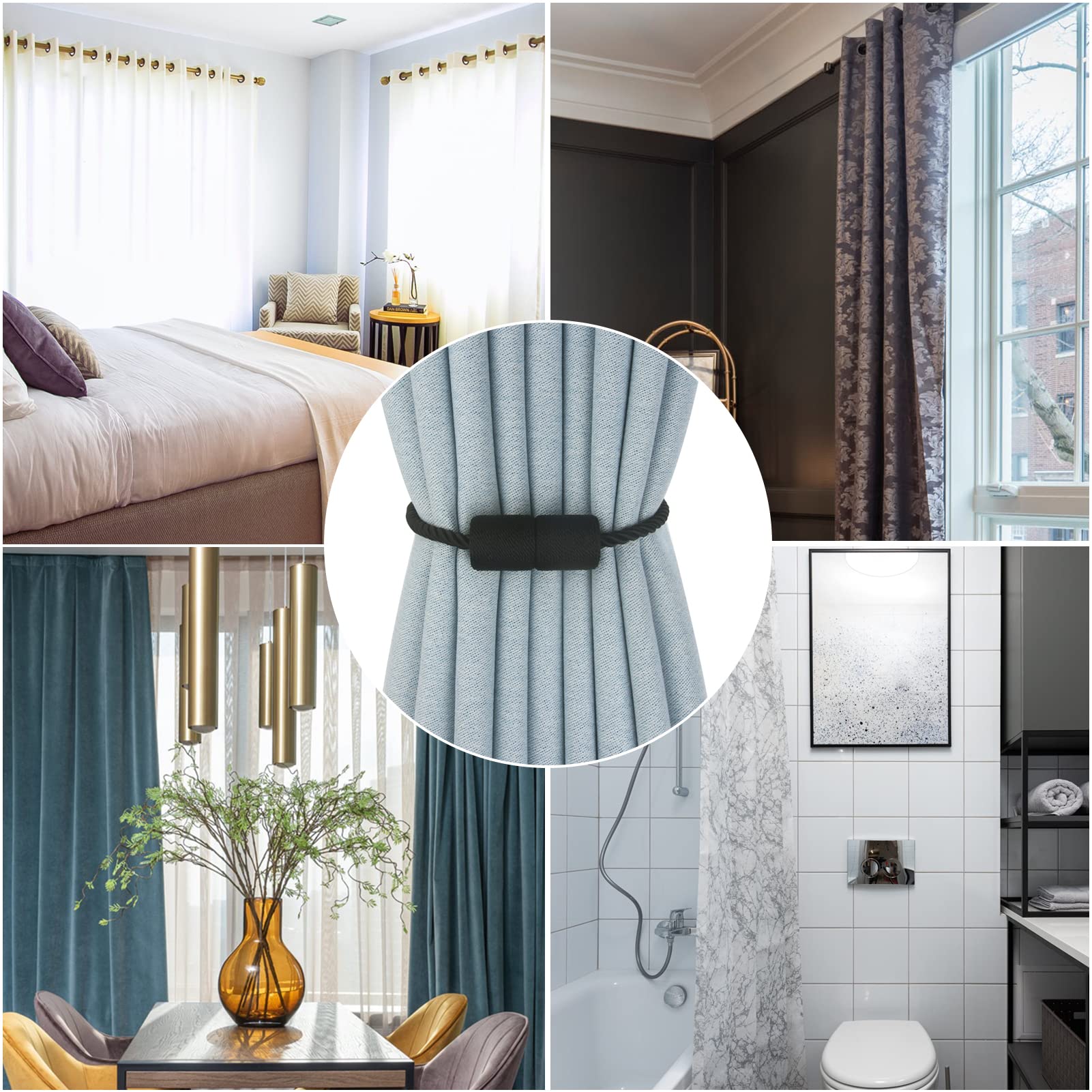 Lot de 6 embrasses magnétiques noires pour rideaux modernes et décoratives