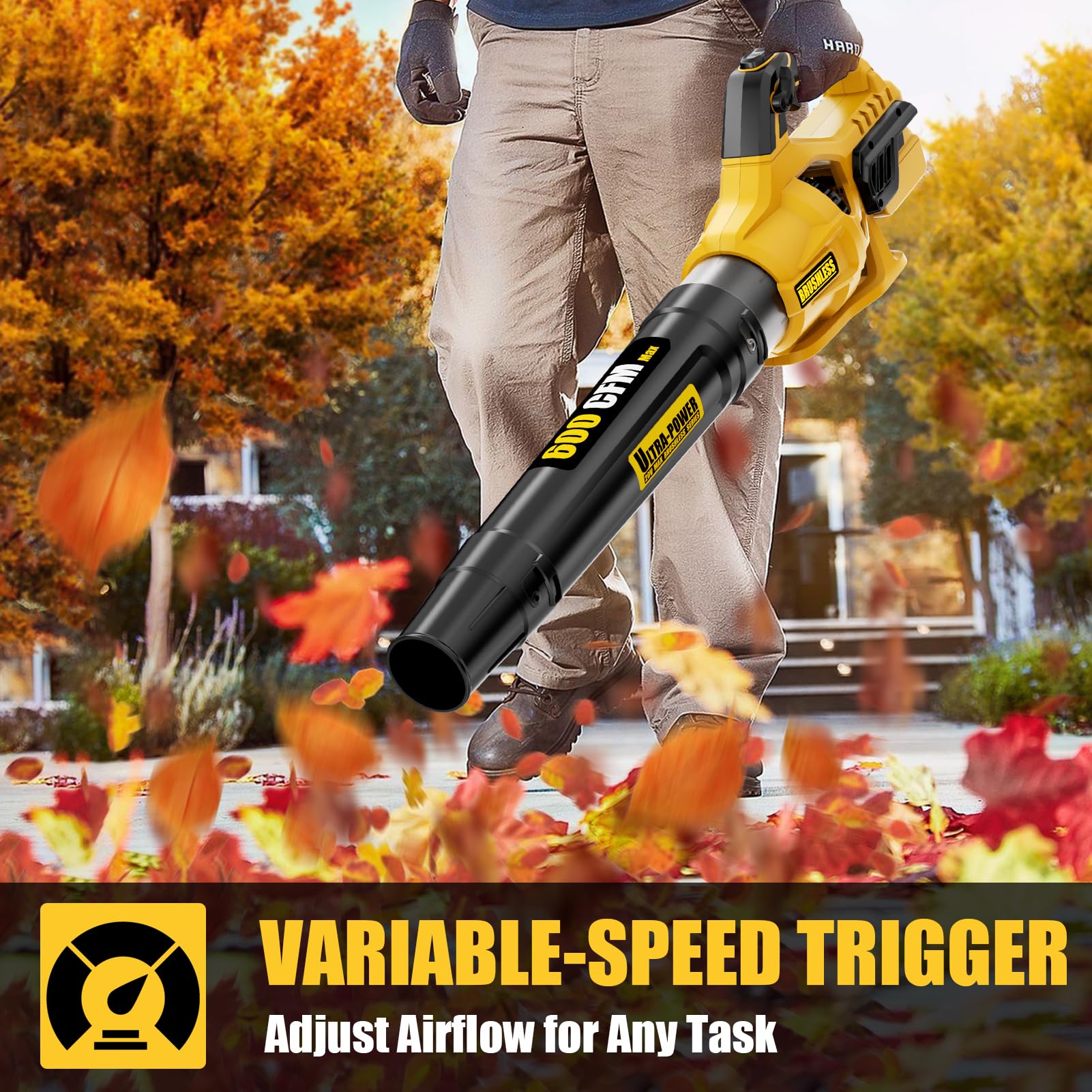 Soplador de hojas inalámbrico, 600 CFM/125 MPH Turbo Boost compatible con batería DW 20V Max, motor sin escobillas, disparador variable y bloqueo de velocidad, ergonómico 3.5 libras para