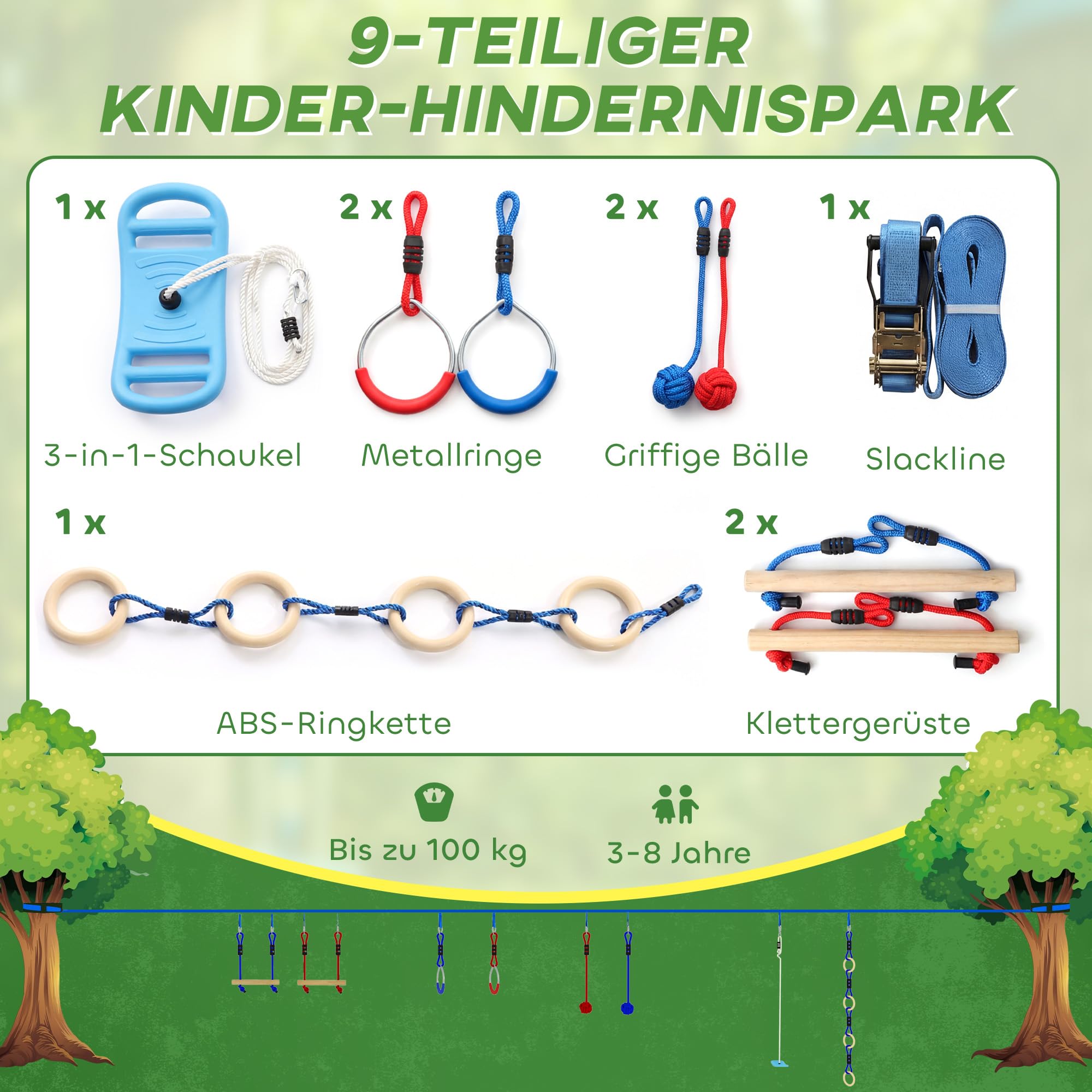 AIYAPLAY Ninja Line Kinder 10m 9-teilig Slackline Set mit 2 Turnringe, 3-in-1 Schaukel, 2 Kletterstange, Baumschutz, 2 Greifbällen, Tasche Outdoor Spielset Ausrüstung für 3-8 Jahre Kinder Mehrfarbig