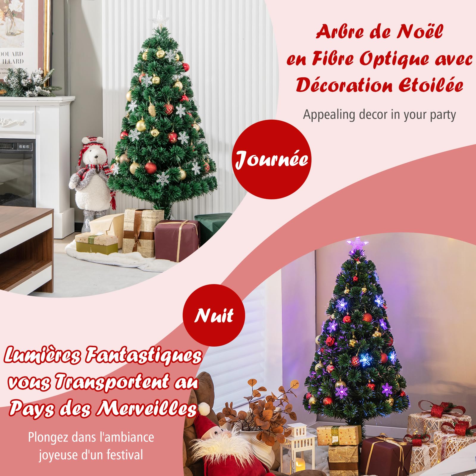 DREAMADE Sapin de Noël Artificiel 90CM/120CM/150CM/180CM avec 12/18/24/28 Lampes à LED, Arbre de Noël en PVC avec Flocon de Neige, Etoile au Sommet d’Arbre et Pieds en Fer, Vert (120cm)