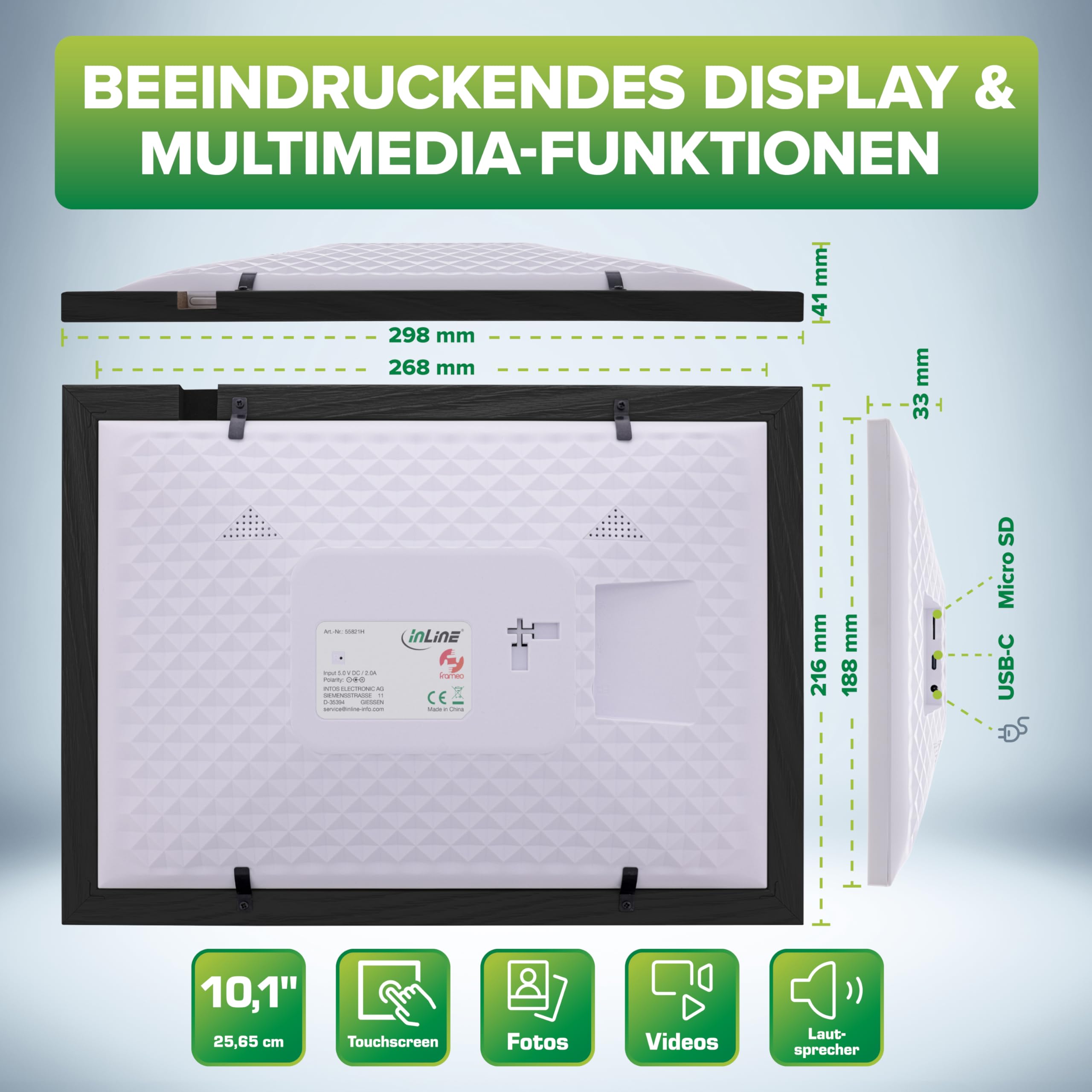 InLine WiFRAME 2 55821H Cadre photo numérique avec 3 cadres amovibles en bois de noyer WiFi 10,1" avec fonction tactile 1920 x 1200 cm Mémoire 16 Go Partagez vos moments instantanément de n'importe où