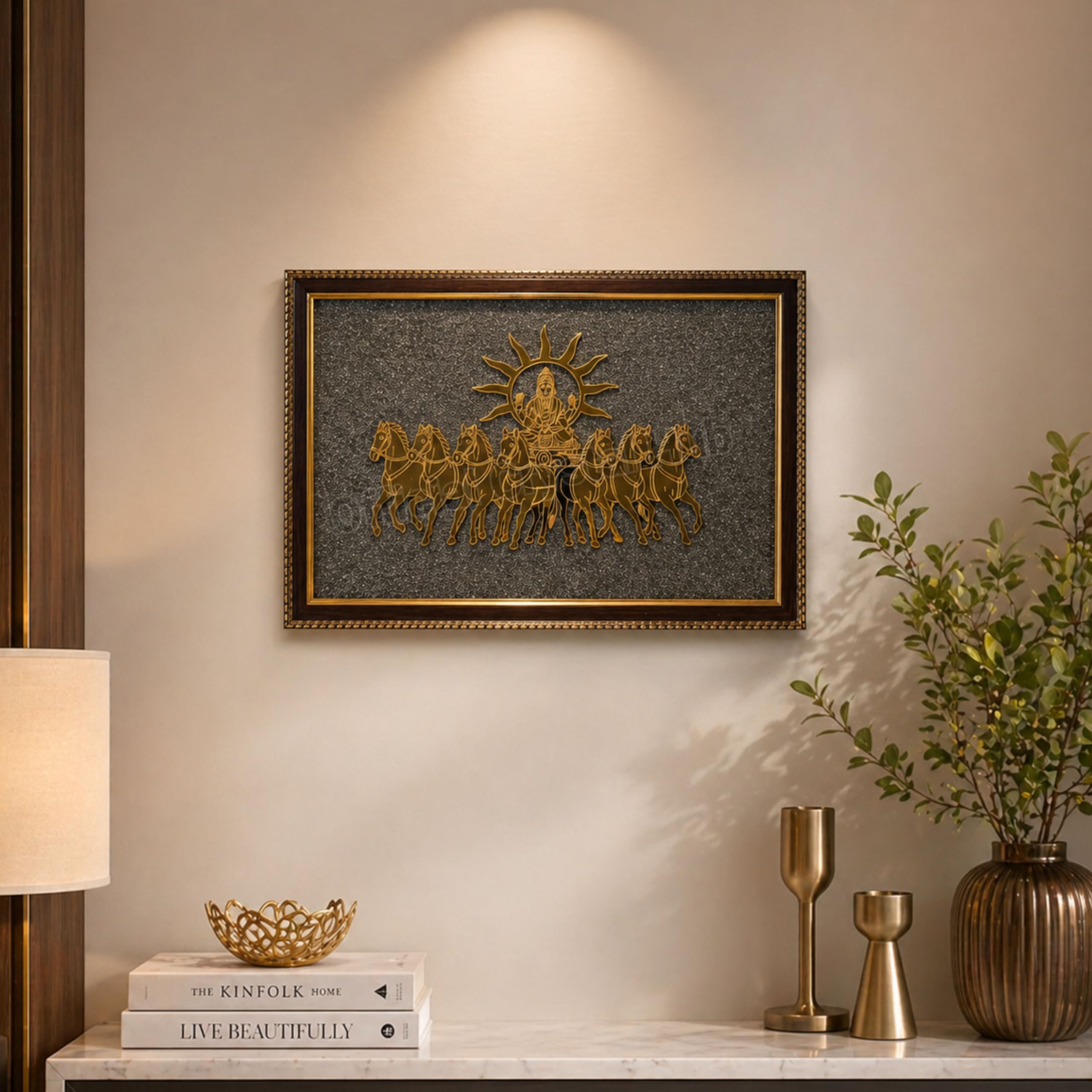 Pyrite Seven Running Horses with Rising Sun Wall Big Frame 12x16 Inch | Vastu Wealth & Success Decor | Feng Shui Lucky Horse Painting for Home & Office India (Pyrite 7 Runnging Horses With Sun)-image-31