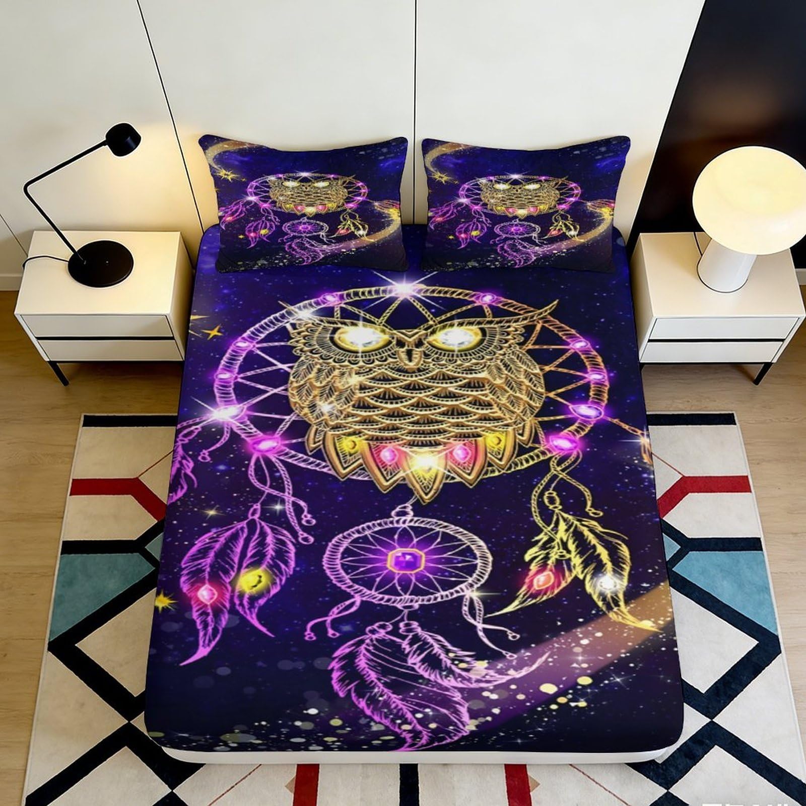 3D Printed Owl Dreamcatcher Fitted Sheet Microfiber Soft Breathable Celestial Night Bed Cover for Bedroom Dormitory Guest Room Mattress Protection 180x200x25cm