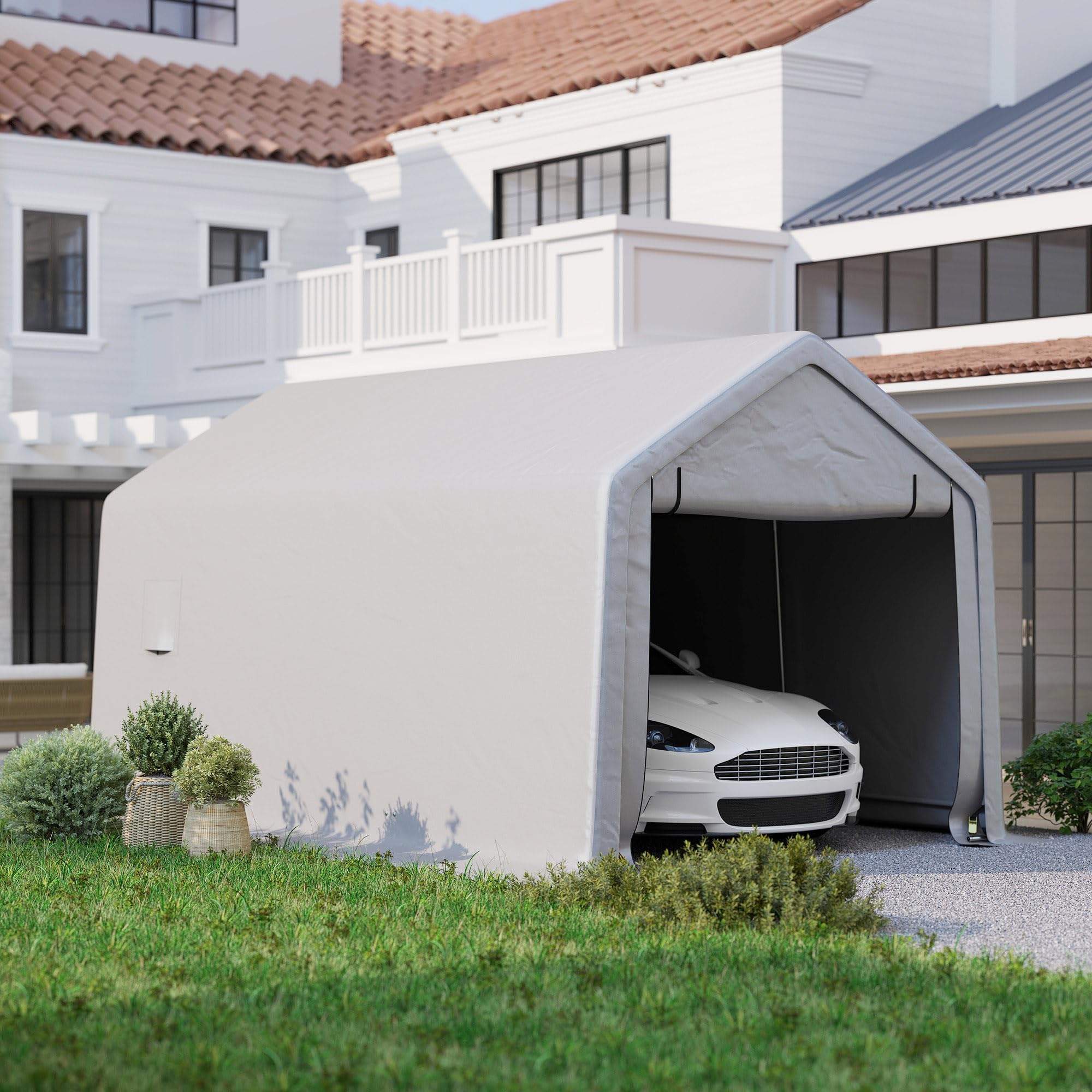Outsunny Carport Tente de Garage 3 x 5,2 m, abri Voiture extérieur, Tente de Stockage avec Porte Enroulable Amovible, pour Camion, Bateau, Gris