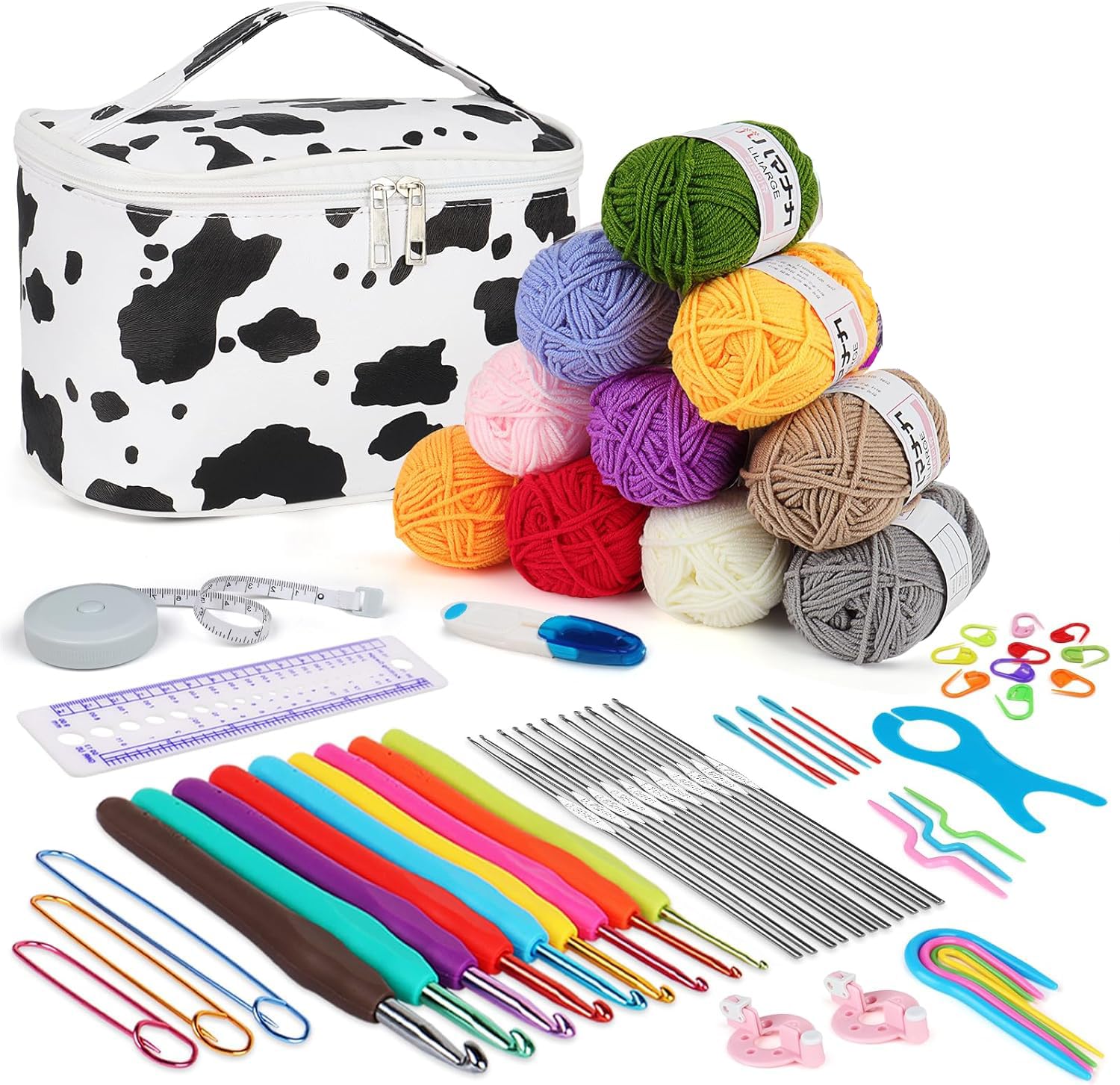 Aeelike 321Pcs Crochet Kit for Beginners, Learn to Crochet Set Include Crochet Hooks,Yarn, Safety Eyes and Noses Polyester Fiber,Crochet Tools and Instruction with Cow PU Leather Storage Bag
