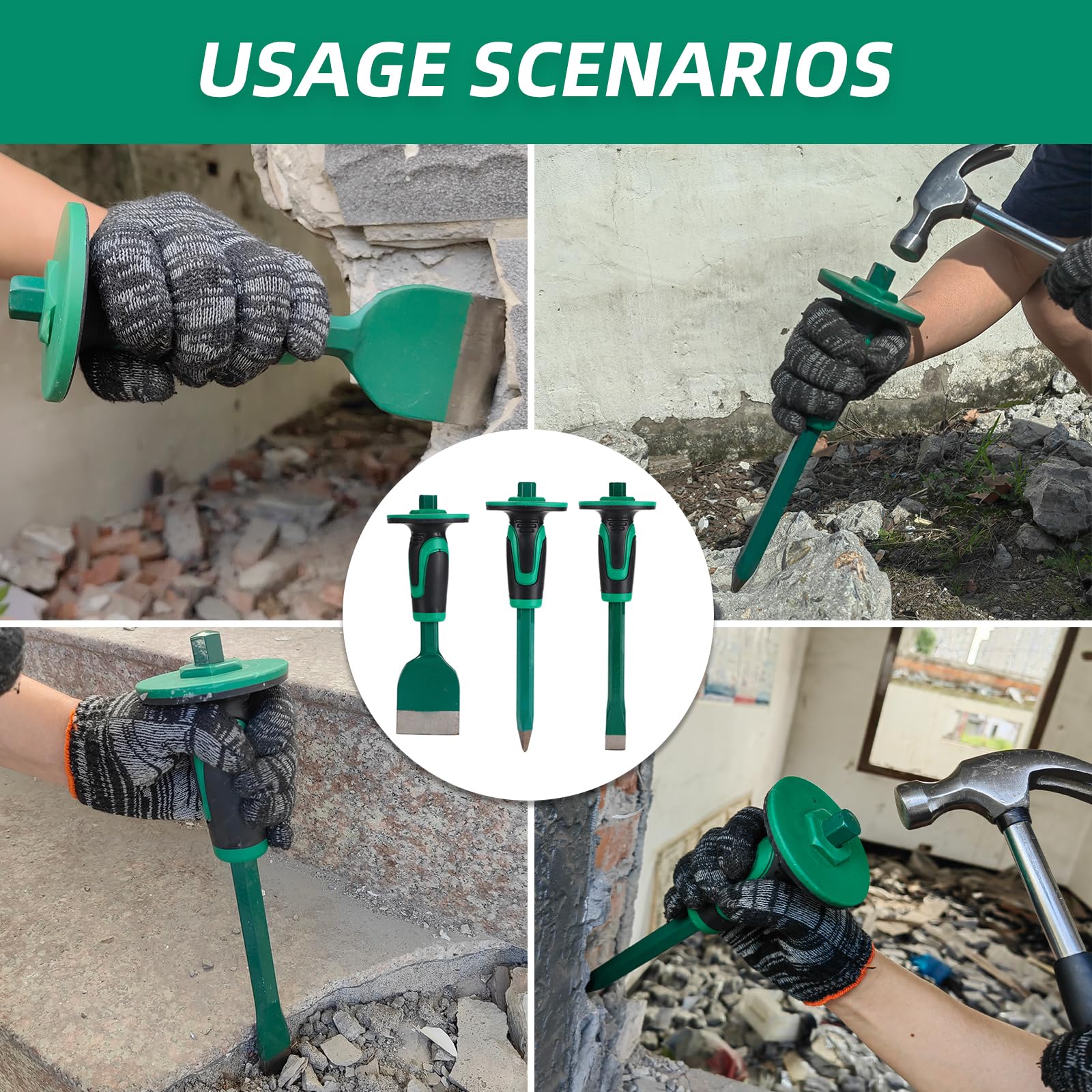 Juego de cinceles de mampostería resistentes, cincel de punta de 11 pulgadas y cincel plano, cincel de ladrillo de 9 pulgadas con protector de mano, para demolición, mampostería, tallado,