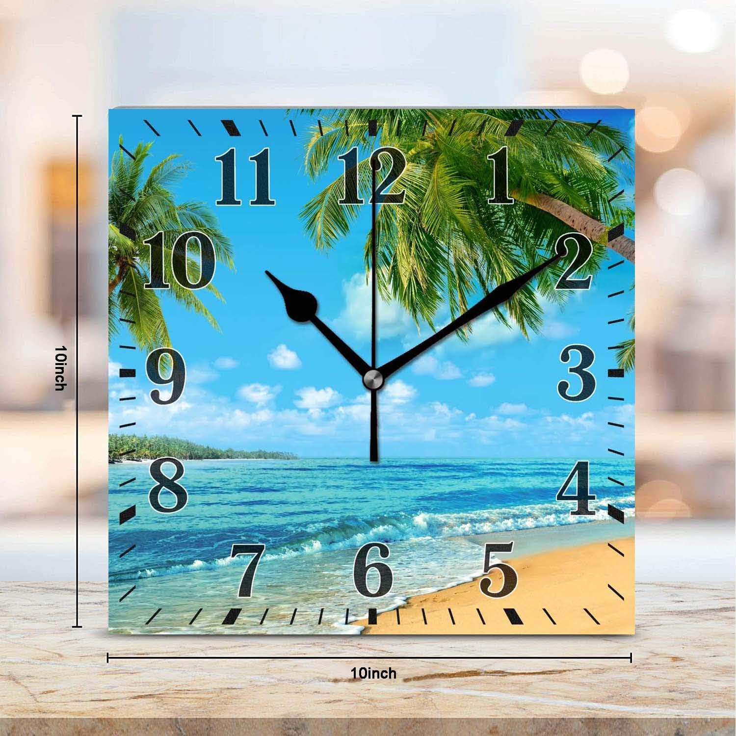 Coastal Beach Wall Clock,Palm Trees Hawaiian Tropical Seashore Beach Clock Print Decorative 14 Inch Square Silent Non-Ticking Wooden Desk Clock Battery Operated for Home Living Room Kitchen
