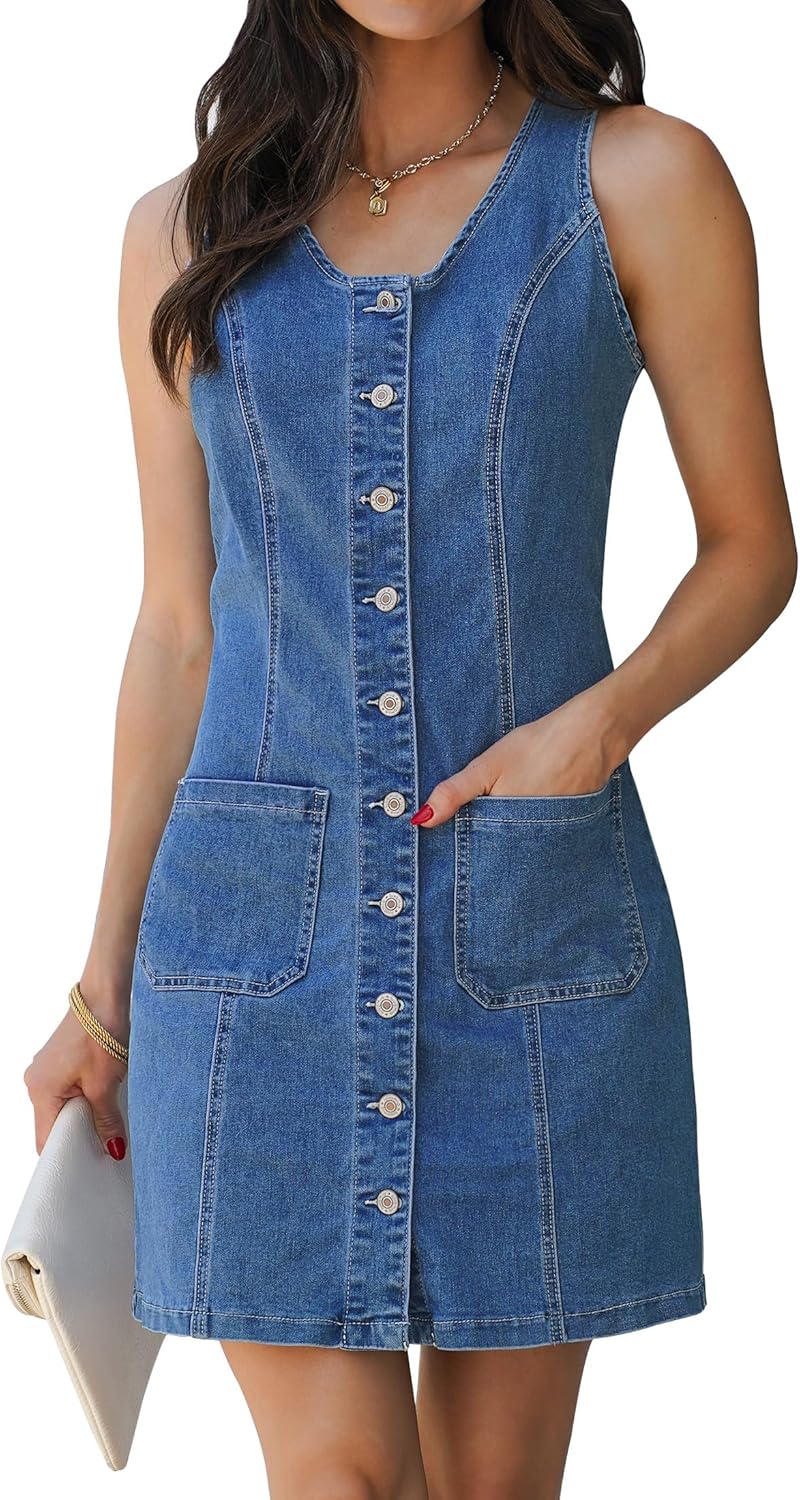 luvamia Denim Dresses for Women Sleeveless Stretchy Jean Summer Casual Western Short Button Down Dress with Patch Pocket