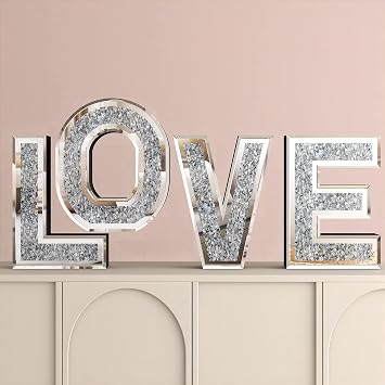 SHYFOY Love Letter Sign Living Room Decor, Mirrored Love Home Decoration for Tabletop & Wall-mount, Crystal Diamond Decorative Wall Mirrors Set for Wedding Centerpiece, Independent 4 PCS