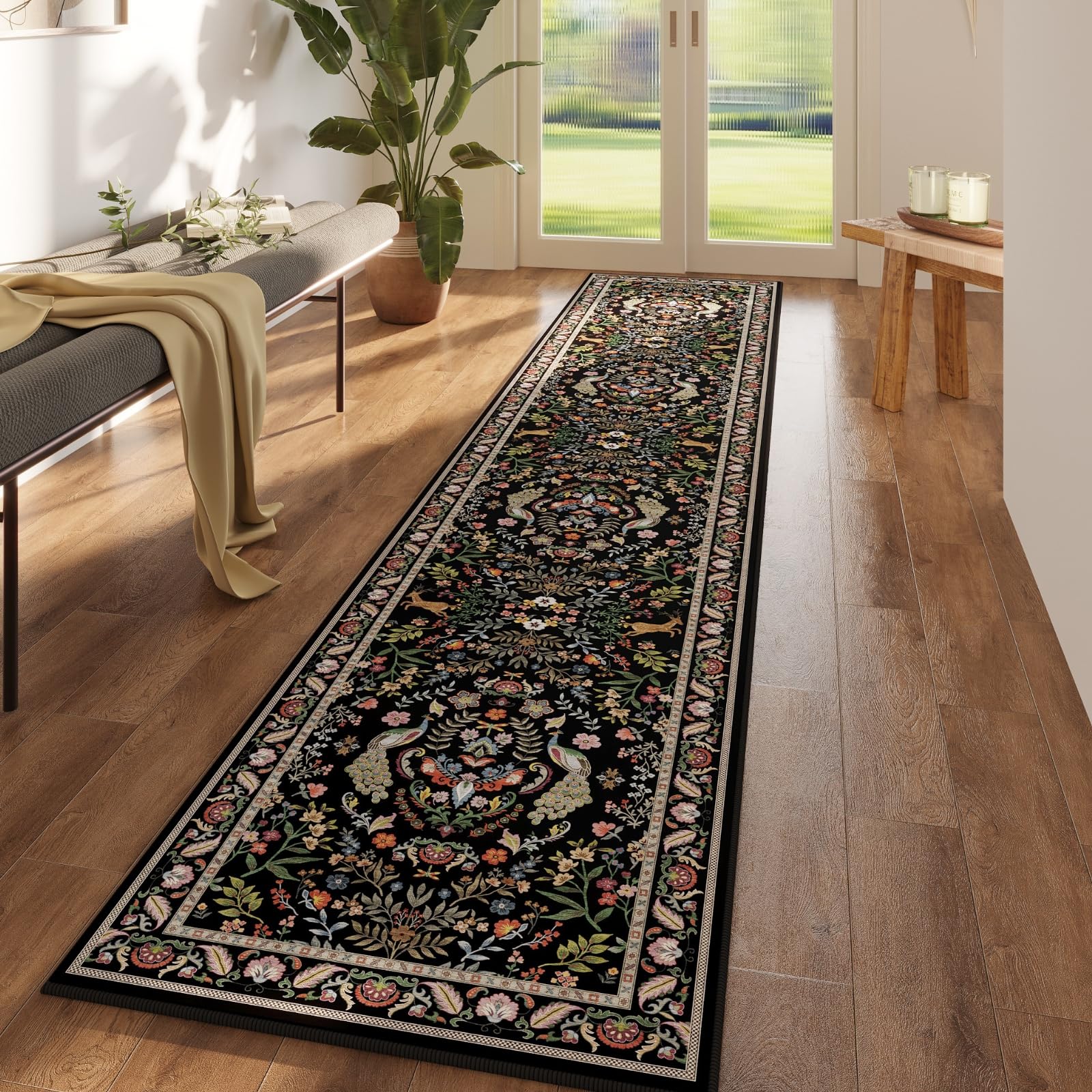 Runner Rug Washable Kitchen Runner 2'x10' Rug Floral Non-Slip for Entryway Indoor Soft Carpet for Hallways, Kitchen, Laundry, Bedroom, Bathroom (Vibrant Black) — image 1