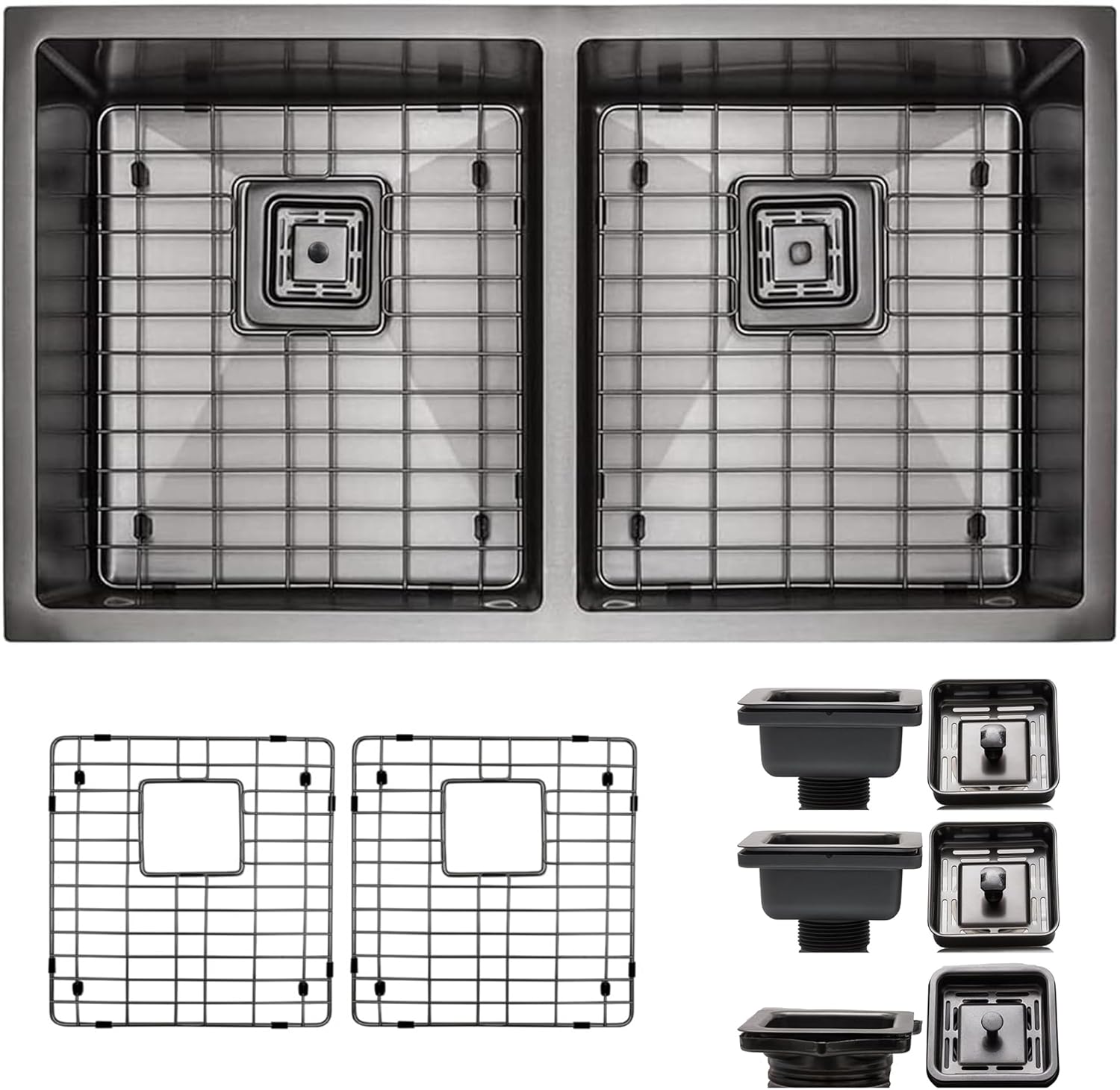 Strictly Sinks 32 Inch Undermount Double Bowl Kitchen Sink – Black Kitchen Sink Designer Shelf Accessory 16 Gauge Stainless Steel – With Bottom Grid, 1 Disposal Adapter and 2 Strainer Drains