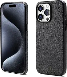 Capinha Premium de Couro Anti Impacto – Compatível com Modelos de iPhone (Carregamento Sem Fio Magnético)，À Prova d’Água e Poeira, Botões de Metal e Proteção da Câmera (preto, iPhone 14 Pro)