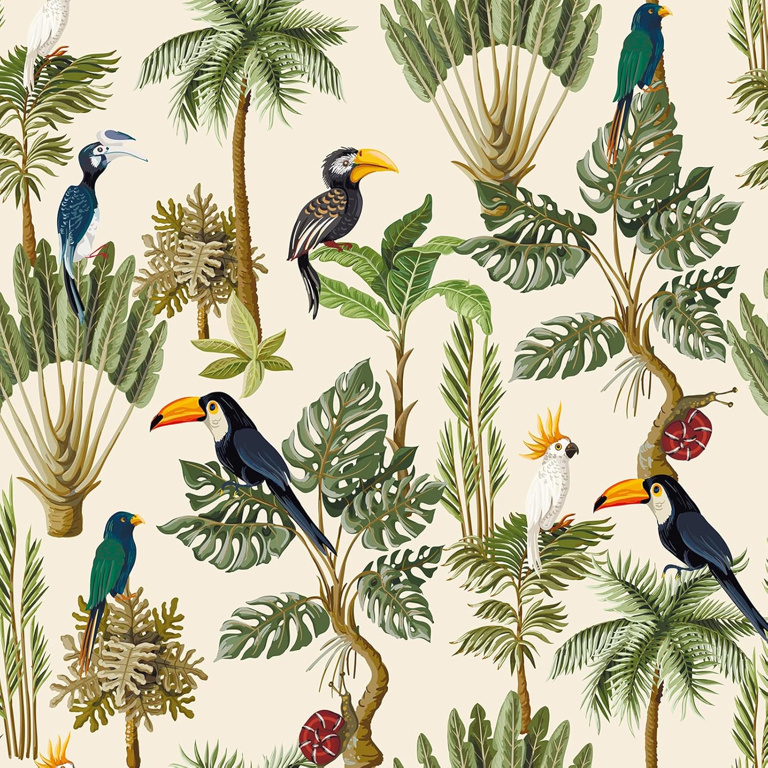 Yenhome 17.5"X276" Bird Peel and Stick Wallpaper Removable Palm Tree Bird Wallpaper Prepasted for Bedroom Bathroom Wall Paper Peel and Stick Modern Beige Tropical Jungle Contact Paper for Cabinet Wall