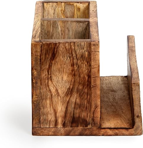 Miniatura 4 de Organizador de cubiertos de madera, 2 compartimentos, soporte para utensilios de madera con soporte para servilletas, contenedores organizadores de