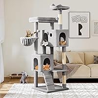 Allewie 64 Inch Cat Tree Tower for Large Cats - Multi-Level with 2 Condos, 2 Perches, Sisal Posts, Toys, Grey