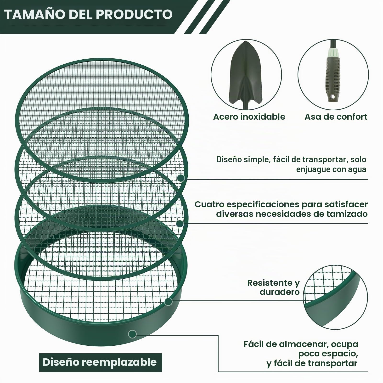 Tamiz de jardín redondo 4 en 1, 30 cm, acero inoxidable, con 4 tamices intercambiables y pala de jardín, tamiz para tierra, compost, semillas, arena
