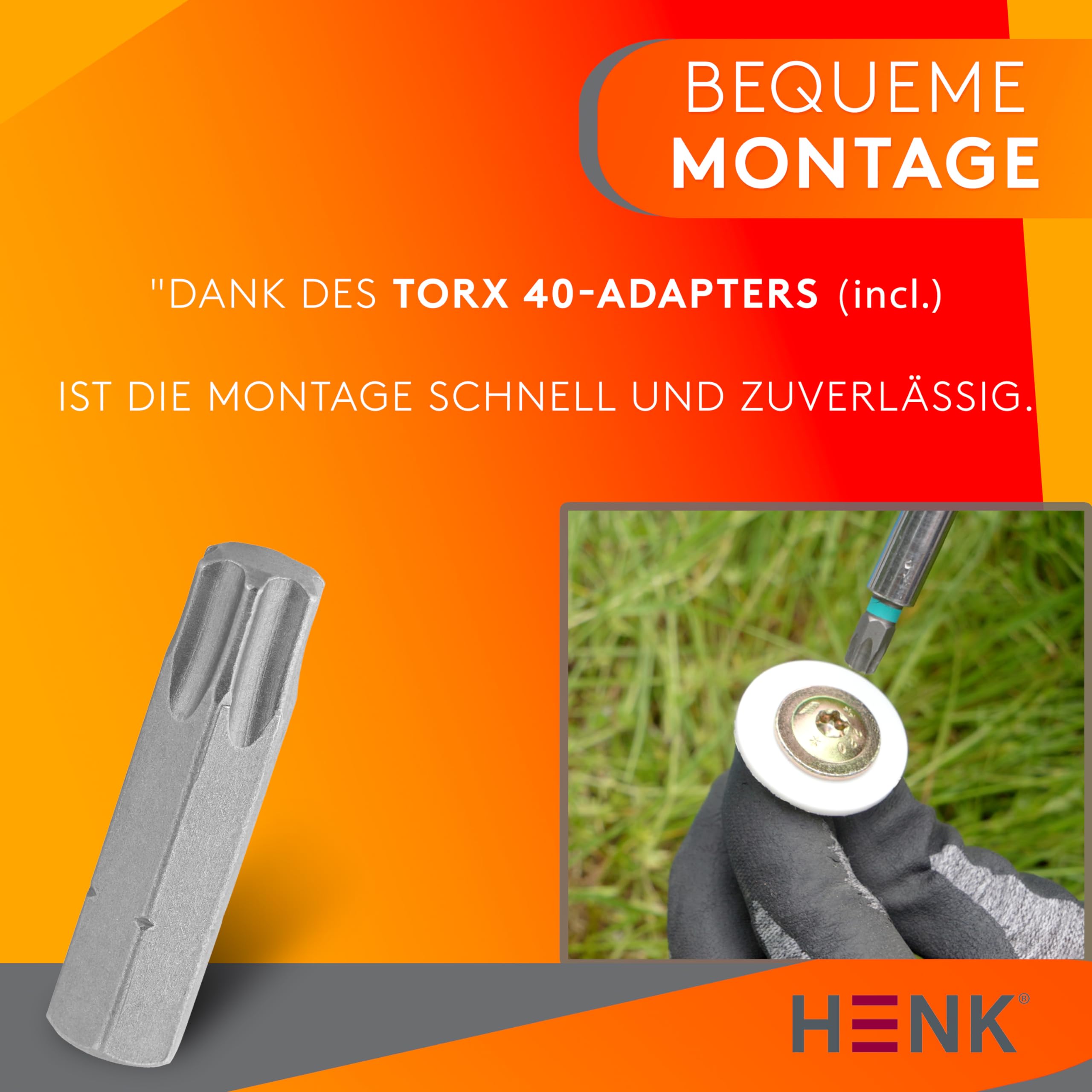 HENK Camping - Set, XXL Universal Schraubheringe, Zeltschrauben 10 Stück in mit Bit 10 Kunststoff-Unterlegscheiben für Schraubheringe Camping Große Zelten, Big Tent (300mm.)