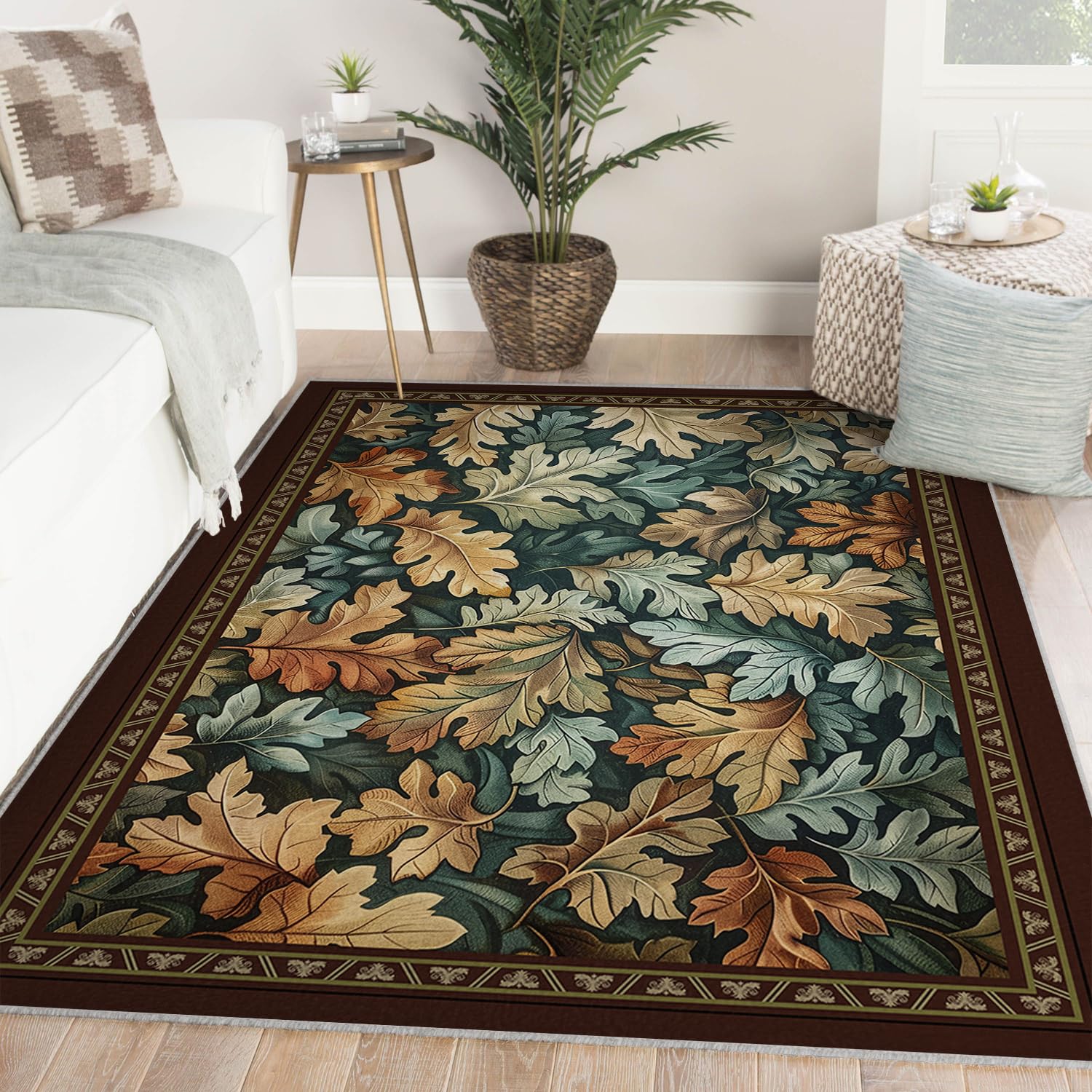 Tapis feuilles de chêne 120x150cm à poil bas et texture douce antidérapante