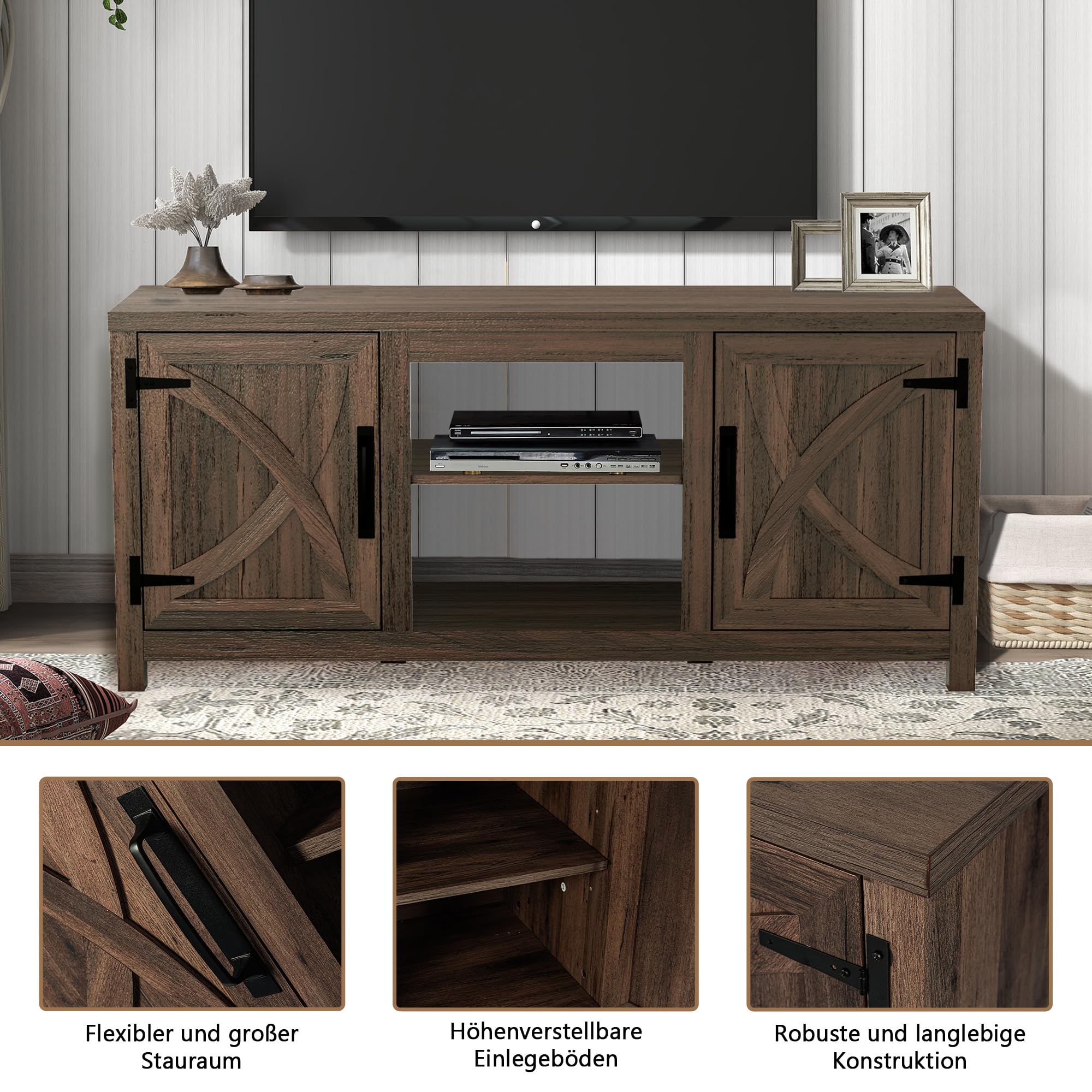 Parrot Uncle 58 Zoll TV-Ständer für Fernseher bis 65 Zoll, Media-Entertainment-Center mit Aufbewahrungsschränken, Braun moderner TV-Schrank für Wohnzimmer