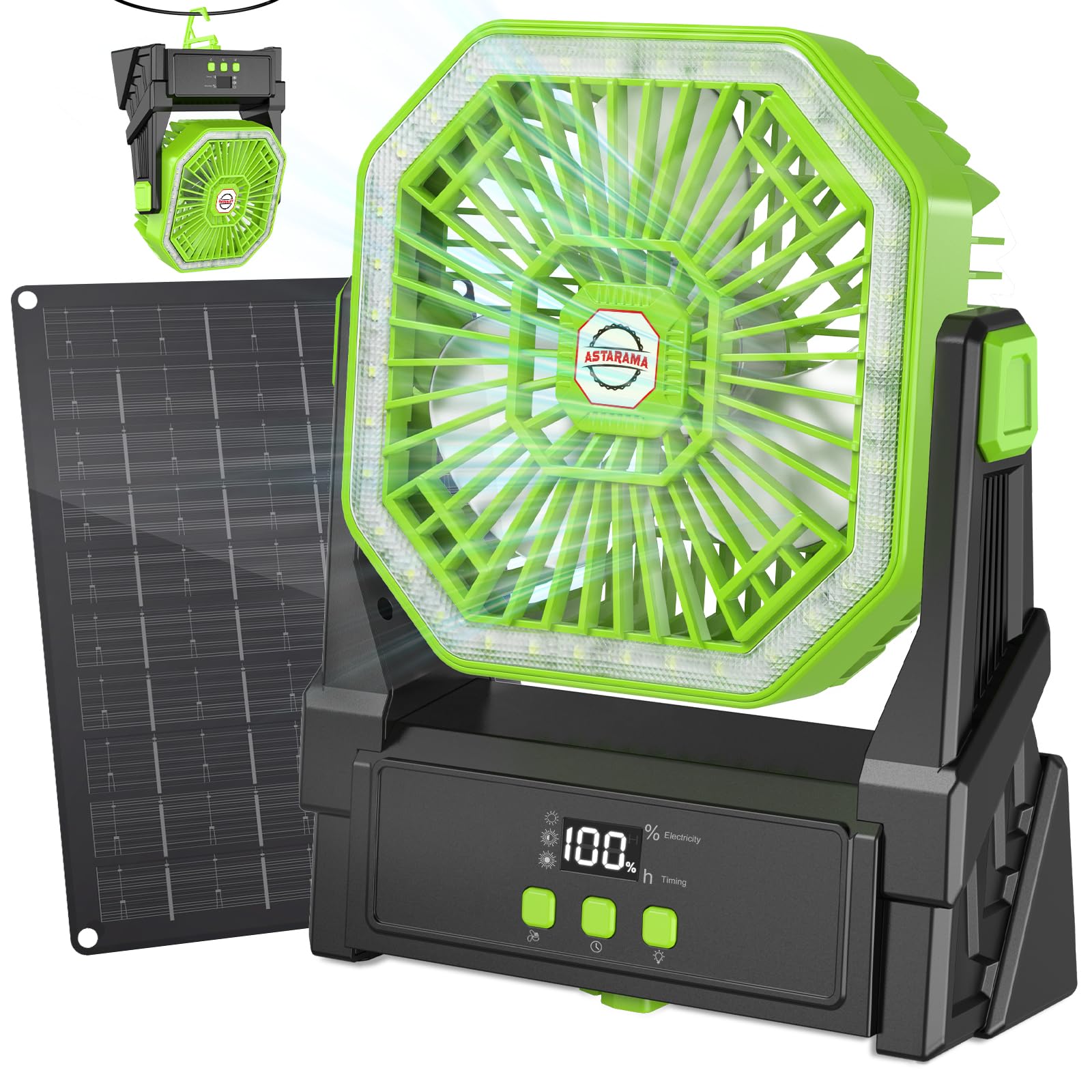 Astarama Ventilatore solare da 10000 mAh, ventilatore da campeggio con pannello solare e luce da 10 W, 4 velocità, funzionamento a batteria, con display LED, timer, gancio per appendere e regolabile a