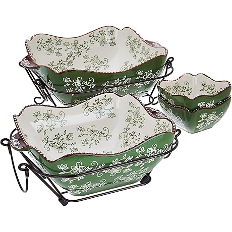 Temp-Tations 6-Piece Floral Lace Green Bakeware Set: 3 & 2 Qt Bakers & Ramekins