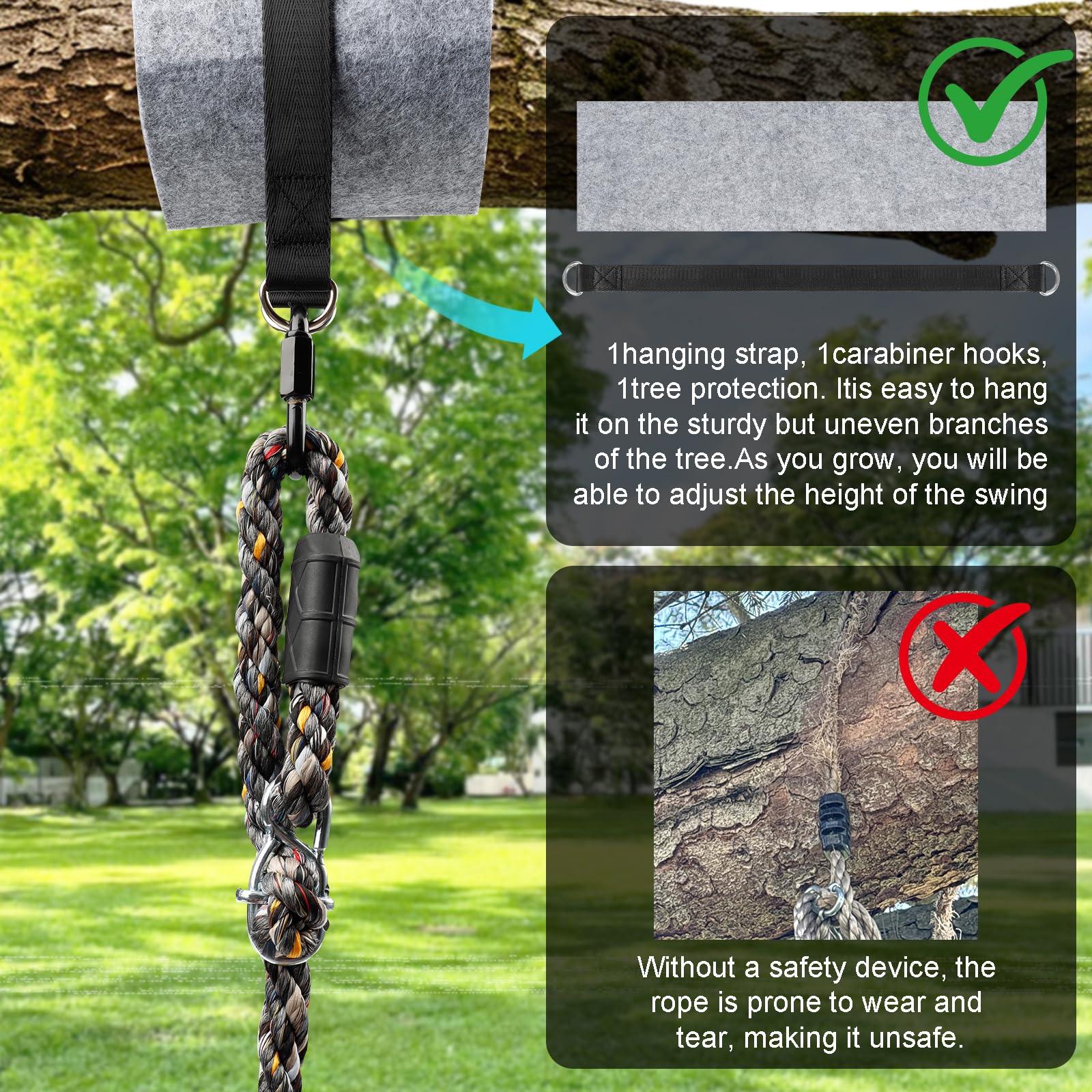 Altalena per arrampicata all'aperto, set di sedili a dondolo antiscivolo con corda regolabile lunga 1,9 m, in piedi e seduti, 75 kg, robusta altalena per bambini, per giardino, parchi giochi, bambini