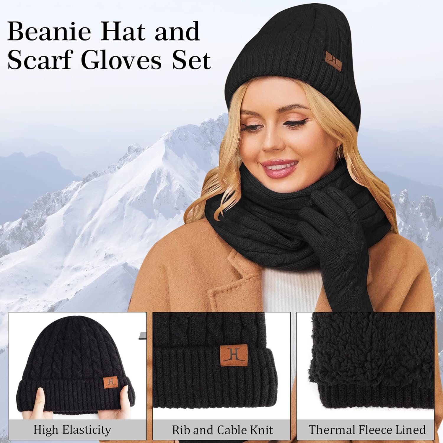 Womens Winter Beanie Hats Long Scarf Touchscreen Gloves Set Warm Knit Skull Caps Gifts for Women - Image 2