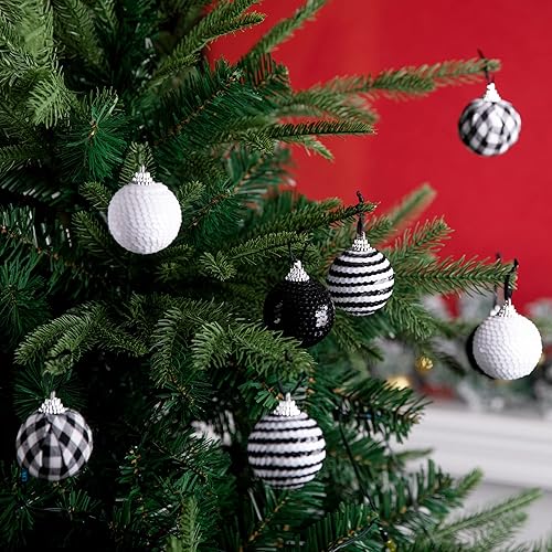 Miniatura 5 de Deloky 24 adornos de bolas de Navidad a cuadros de búfalo, decoración de lentejuelas blancas y negras de 1.6 pulgadas para árbol de Navidad y fiesta