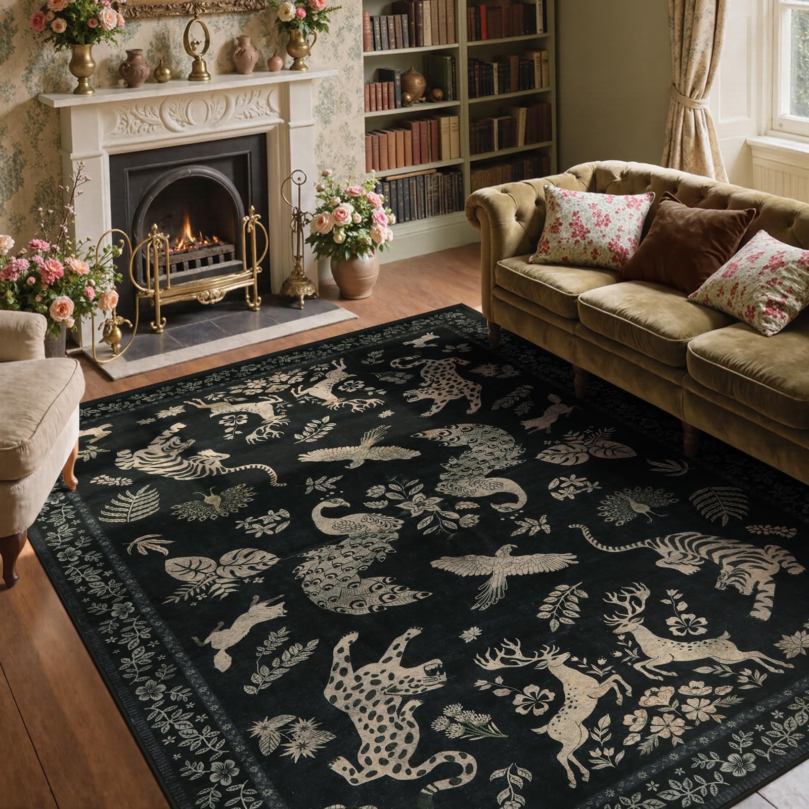 Photo 1 of Moynesa Vintage Black Living Room Rug, 8x10 Washable Area Rugs for Dining Room Under Kitchen Table, Bedroom, Oriental Low Pile Stain Resistant Non Slip Boho Large Carpet (8x10 Black)